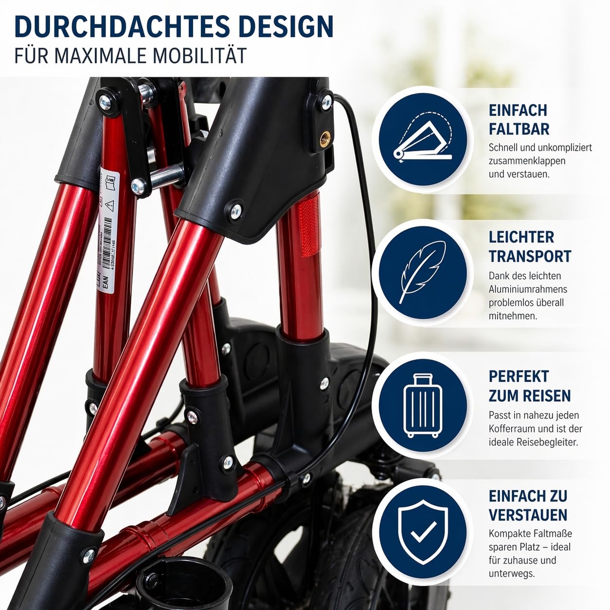 TABAS Outdoor Rollator 2.0 luftbereift – Leichtgewicht Aluminium Rollator faltbar mit Sitz & Tasche, höhenverstellbar, stabile Gehhilfe für Senioren innen & außen – Rot