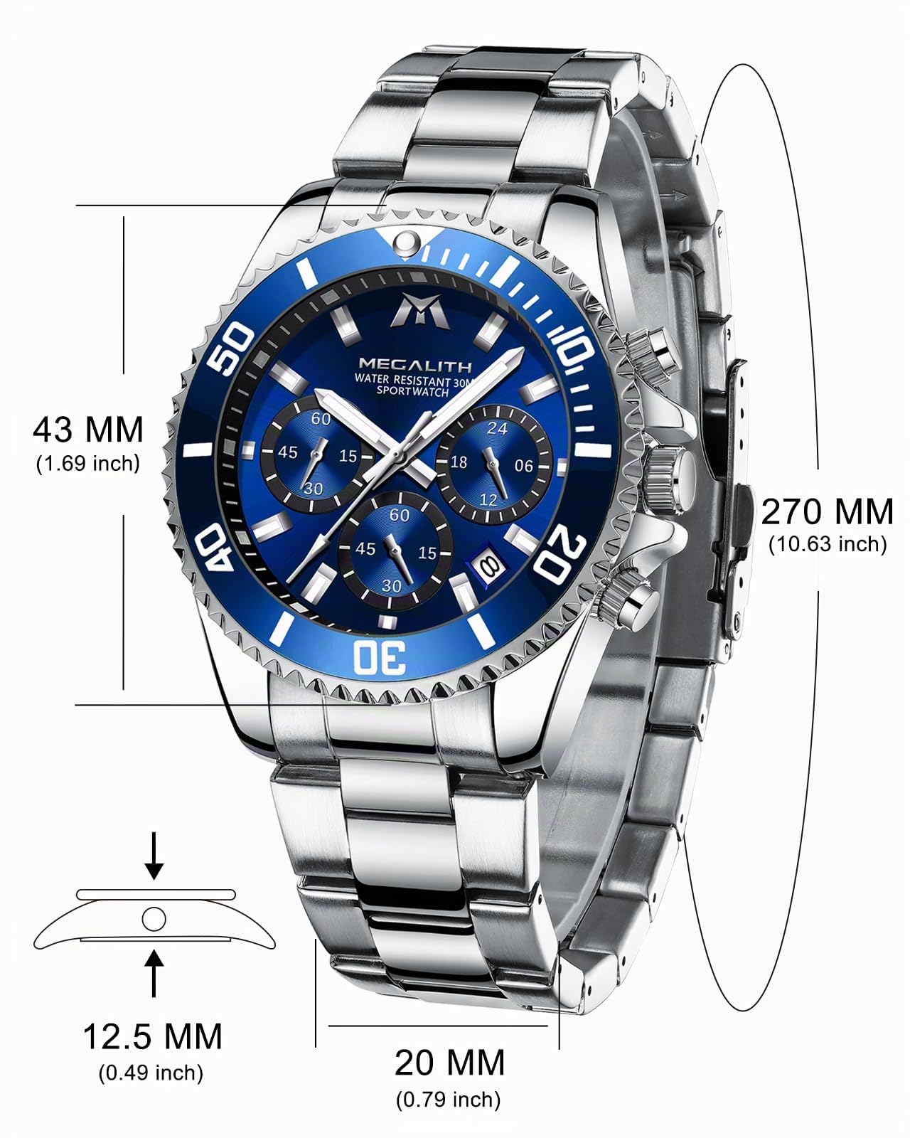 MEGALITH Uhren Herren Chronograph Edelstahl: Armbanduhr Herren Groß mit Datum Leuchtend Wasserdicht - Designer Herrenuhr für Geschäftsleute Alltagskleidung Geschenk