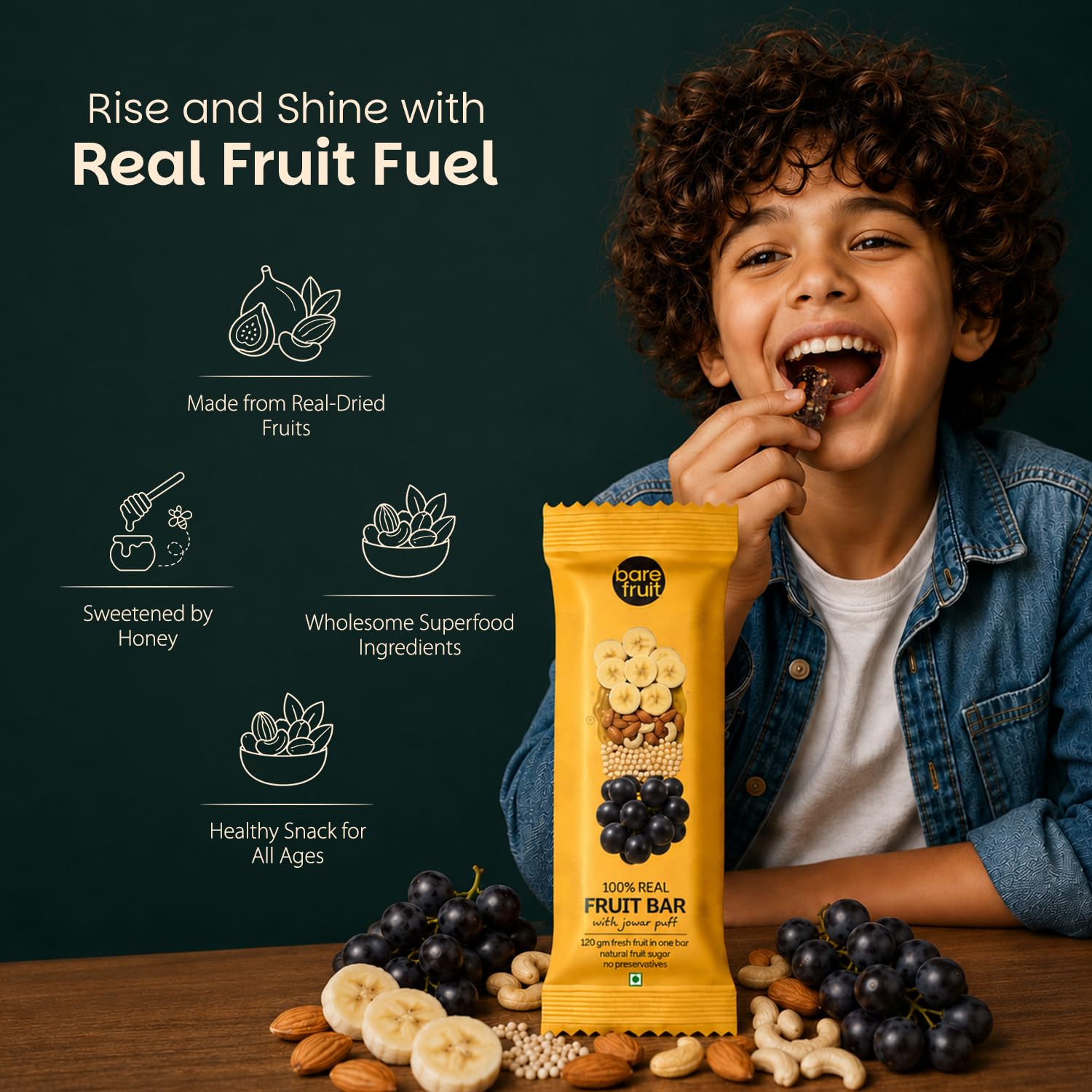Barefruit Real Fruit Bar with Jowar Puff | Shark Tank India Brand | Solar Dried Banana, Black Grapes & Almonds | High Fiber Healthy Millet Energy Snack | No Preservatives, No Added Sugar (12 Packets) — Amazon image 5