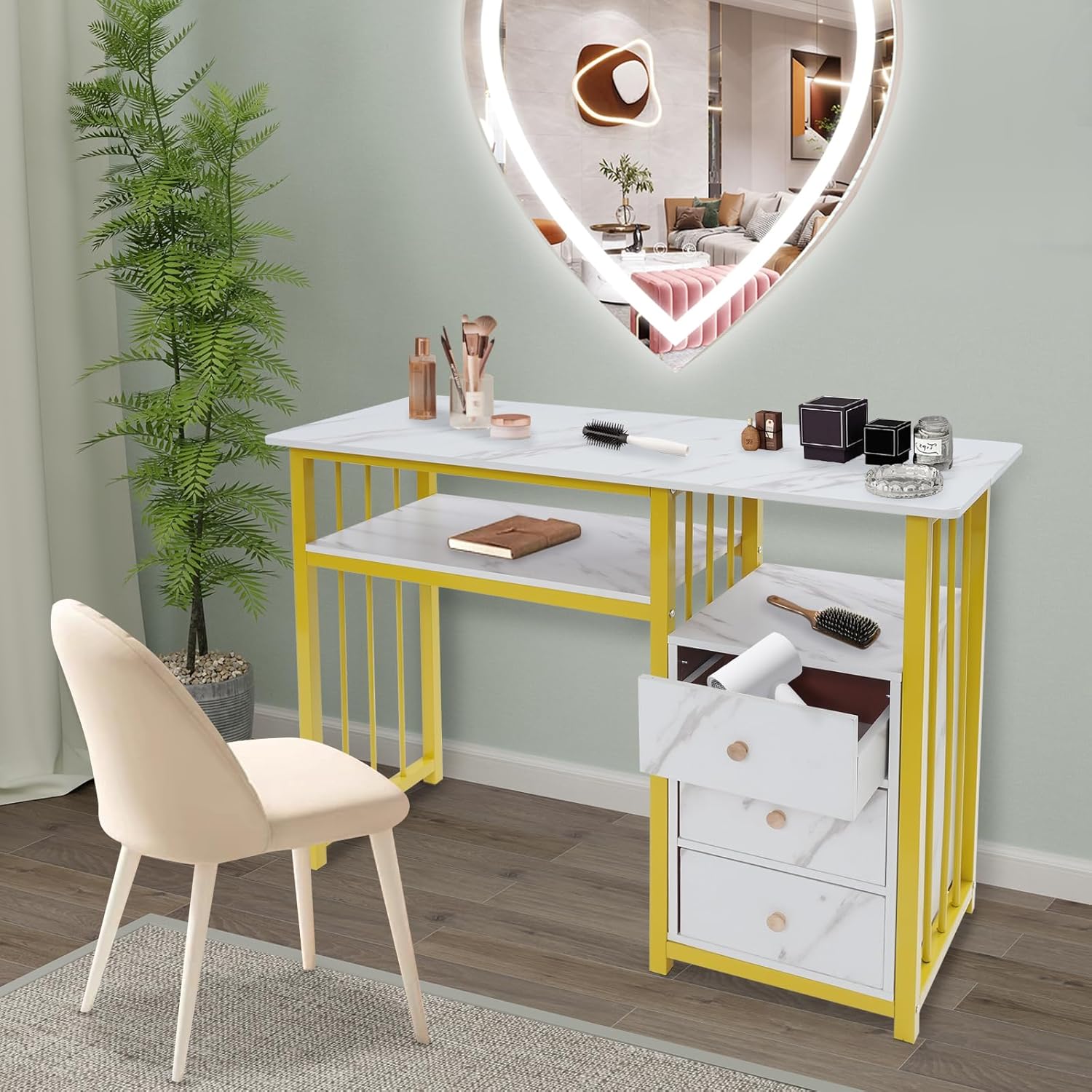 Nail Desk - 39.37×15.75×29.92in Manicure Table, 3 Drawers + Open Shelf, 66lbs Load-Bearing Nail Room Decor, Marble Texture (Gold+White) Nail Table for Nail Tech