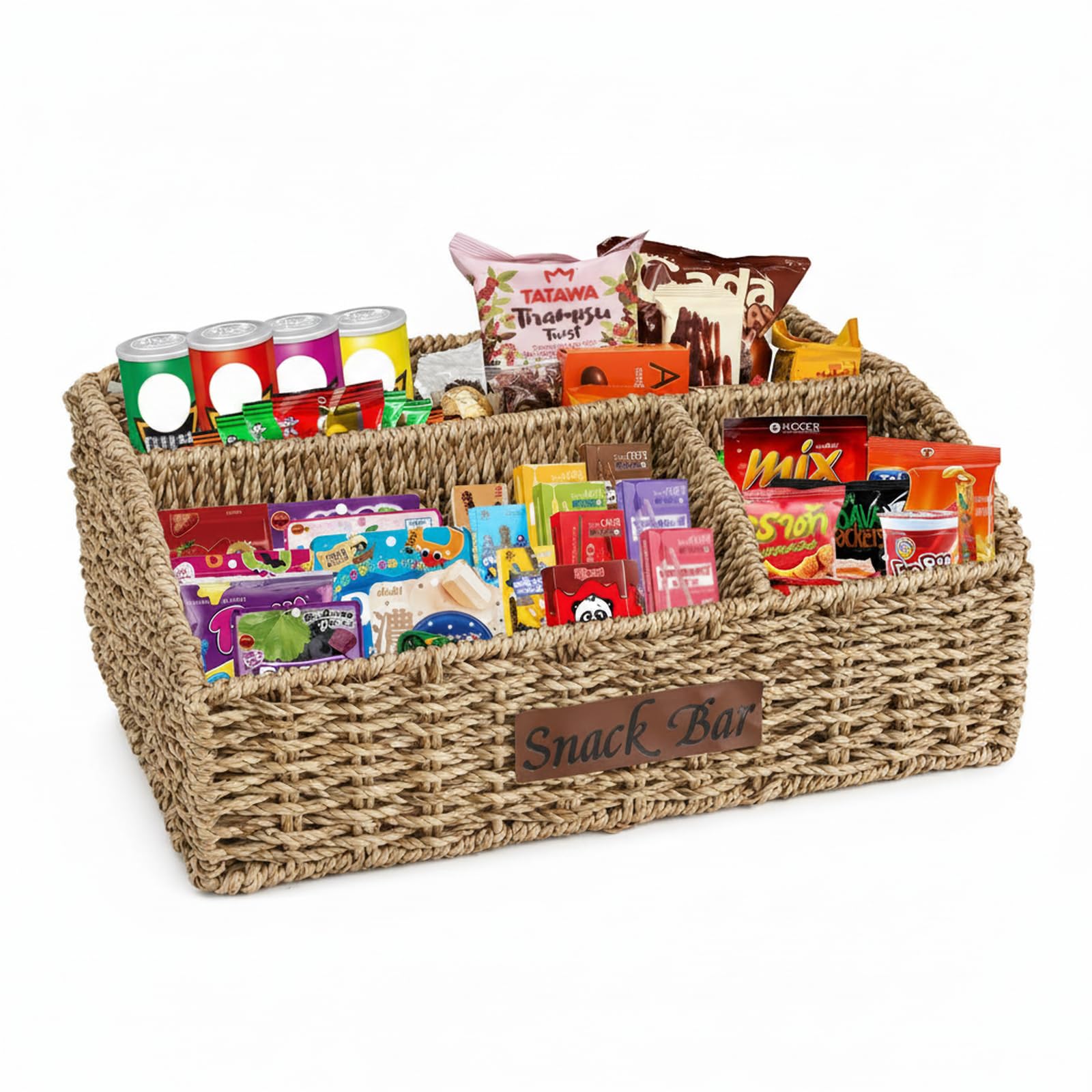 Gzsekken Snack Storage,3 Compartment Snack Containers, Food Cupboard Organiser for Chips Candy Snacks,Pantry Organizers and Storage, Large Capacity Trapezoid Snack Drawer Natural Seagrass