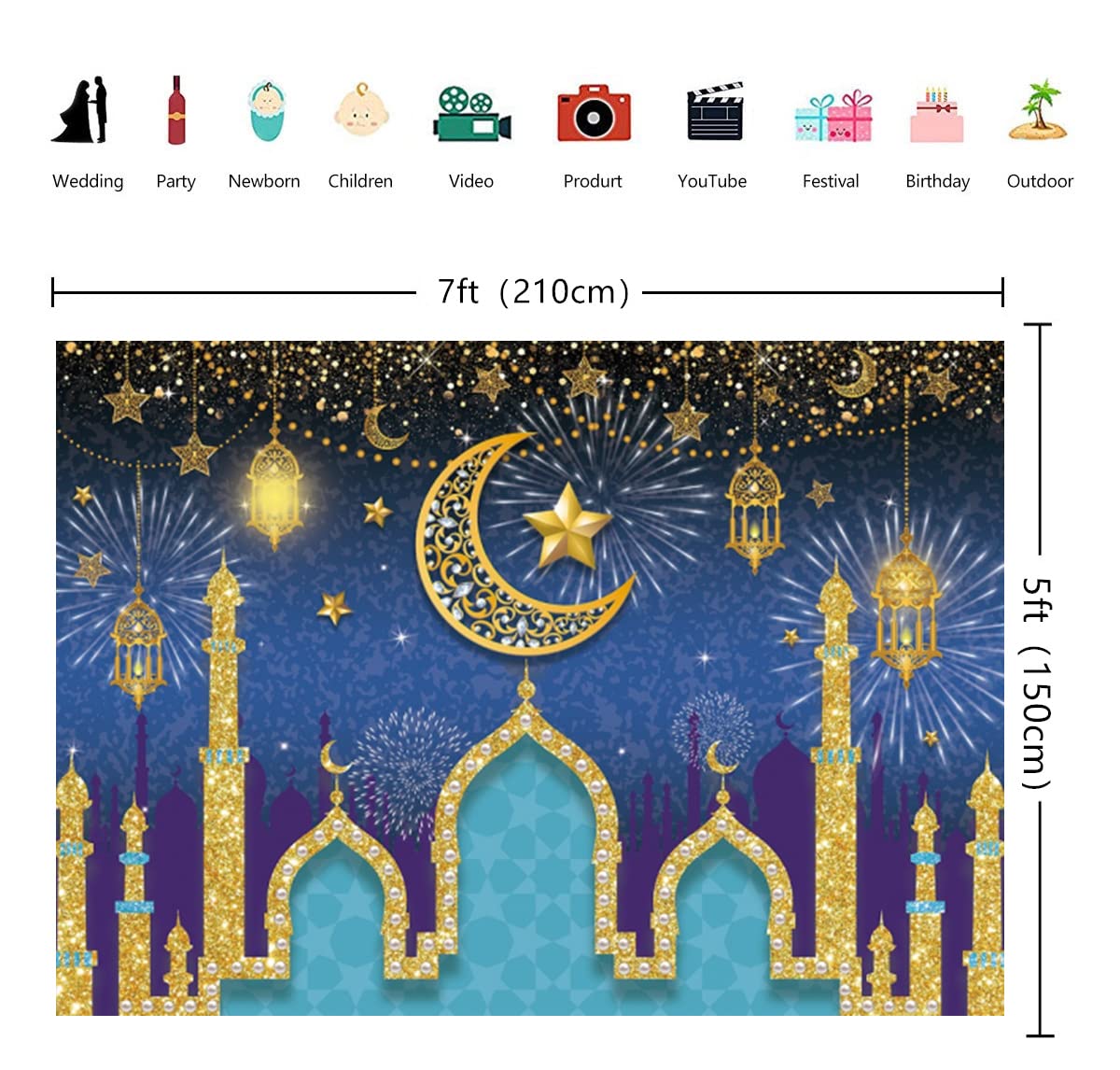 INRUI Eid Mubarak sfondo fotografico musulmano notte araba lanterna luna castello decorazione partito sfondo (2,1 x 1,5 m)