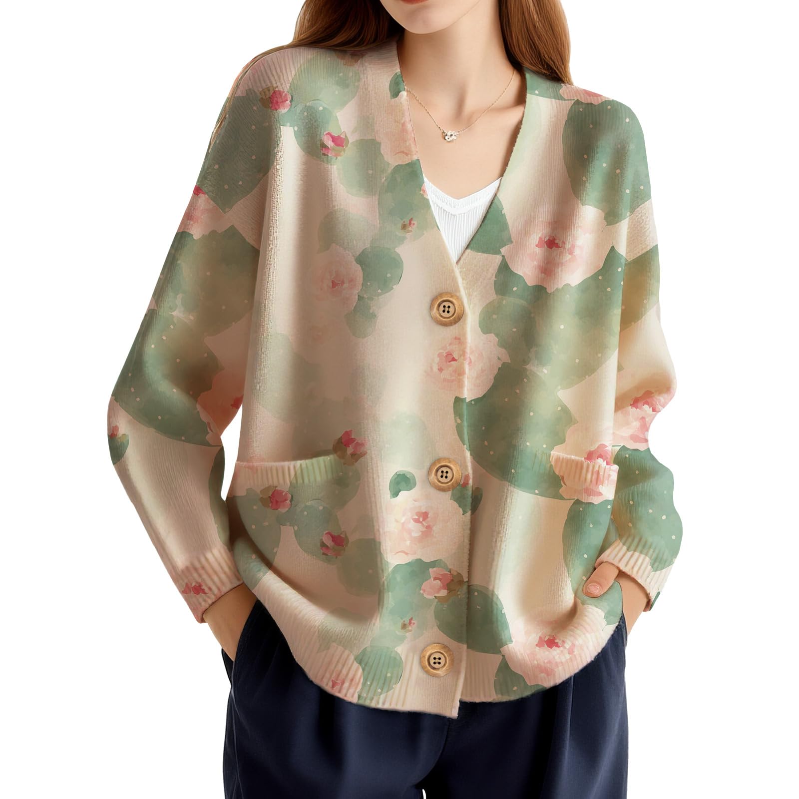 Womens Floral Cardigans Sweaters Casual Long Sleeve V-Neck Button Down Floral Sweaters Open Front Knit Outerwear