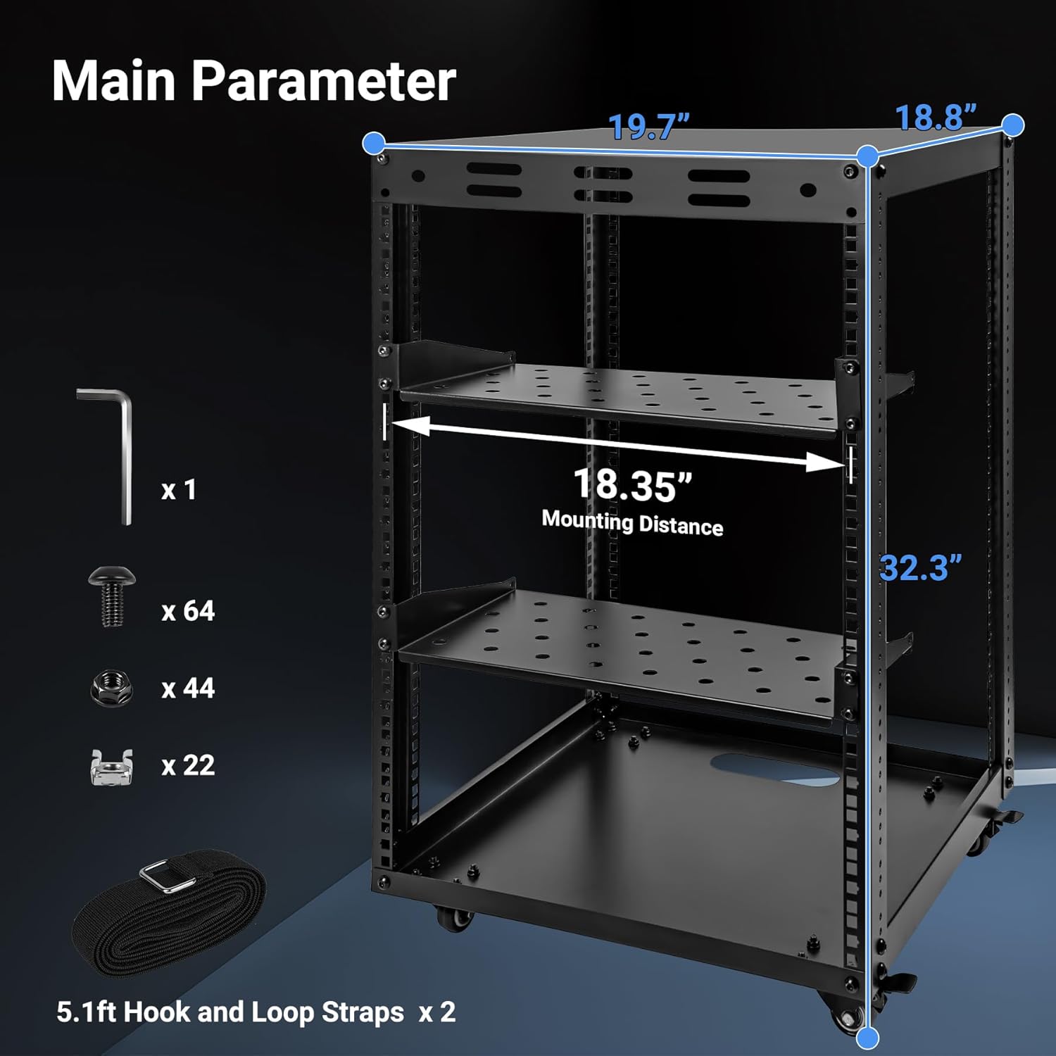 15U Open Frame Server Rack, Wall-mountable IT Rack w/Swivel Casters, 2 Rack Shelves, Top & Bottom Panels, Network Rack for Stereo/Computer/Data/IT/AV Equipment, 19.7”L x 18.8”W x 32.3”H