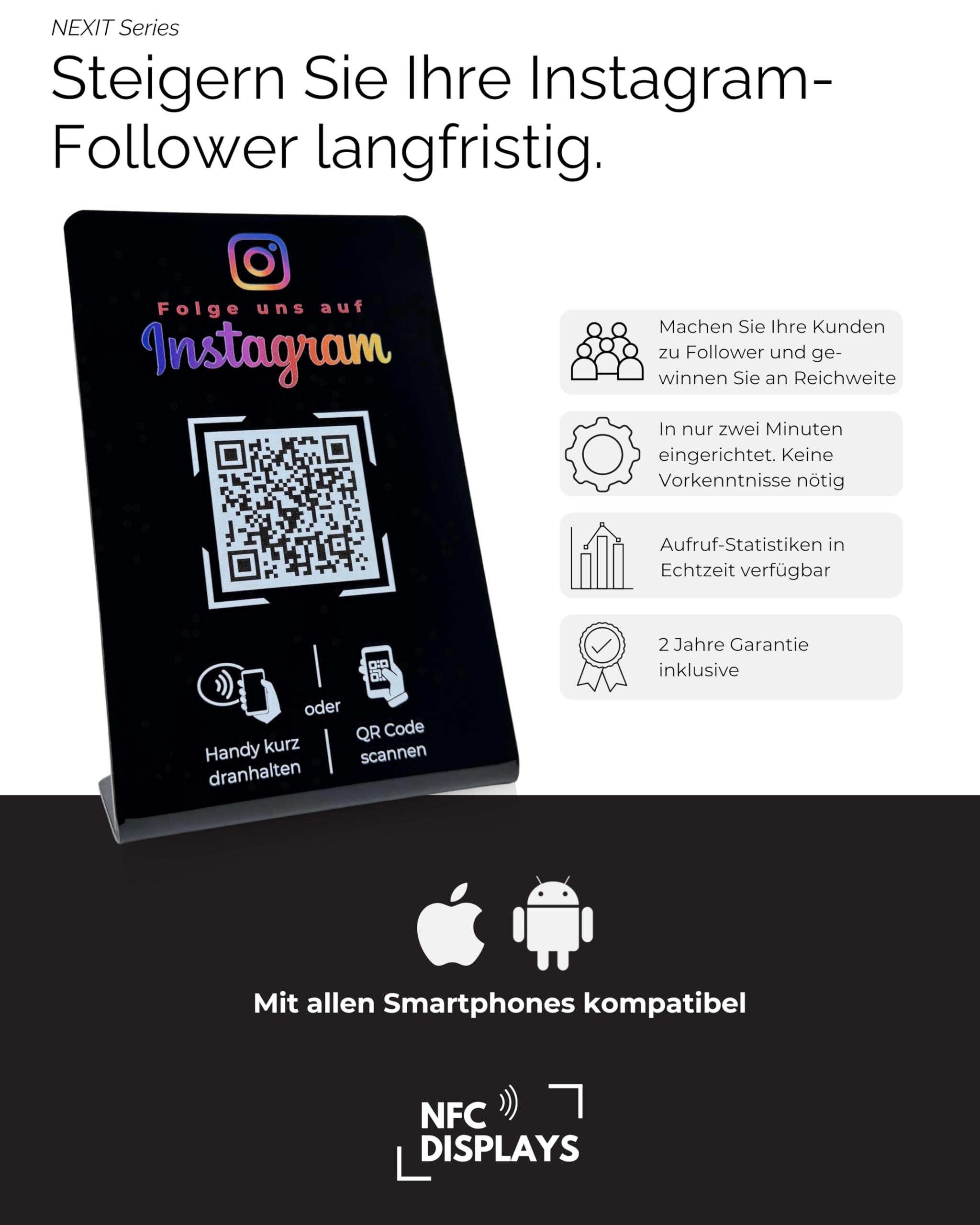 Aufsteller Schild für Instagram mit QR-Code NFC 16,5 x 10,5cm schwarz