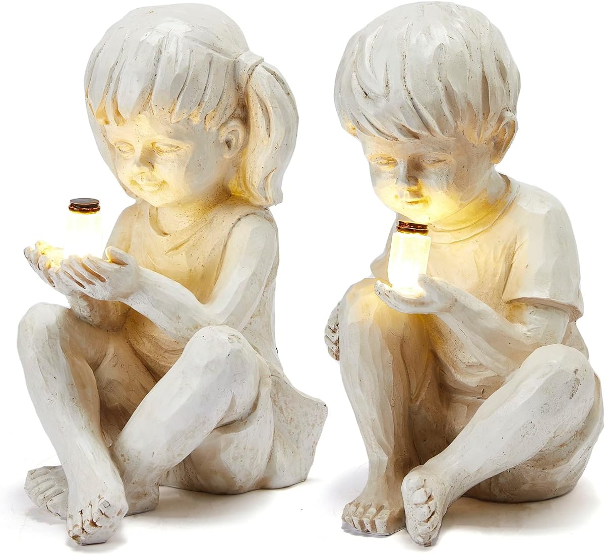 Large Garden Children Statues Light Up Firefly Jar Solar Powered | Set of 2 Figurines | Girl & Boy Garden Yard Art Décor, Indoor & Outdoor Ornament Gifts for Lawn, Patio , 7.5" W x11. 8”H Cream Gift