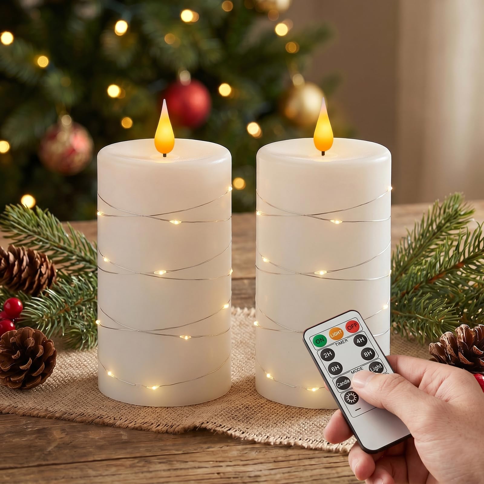 Photo 1 of ***There is no string lights embedded in the candles. Just plain candles.***Amagic Flameless Candles with Embedded String Lights, 11-Key Remote & Timer, 3D Wick Real Wax Battery Operated Flickering Led Pillar Candles for Home, Lantern Decor, Set of 2, Whi