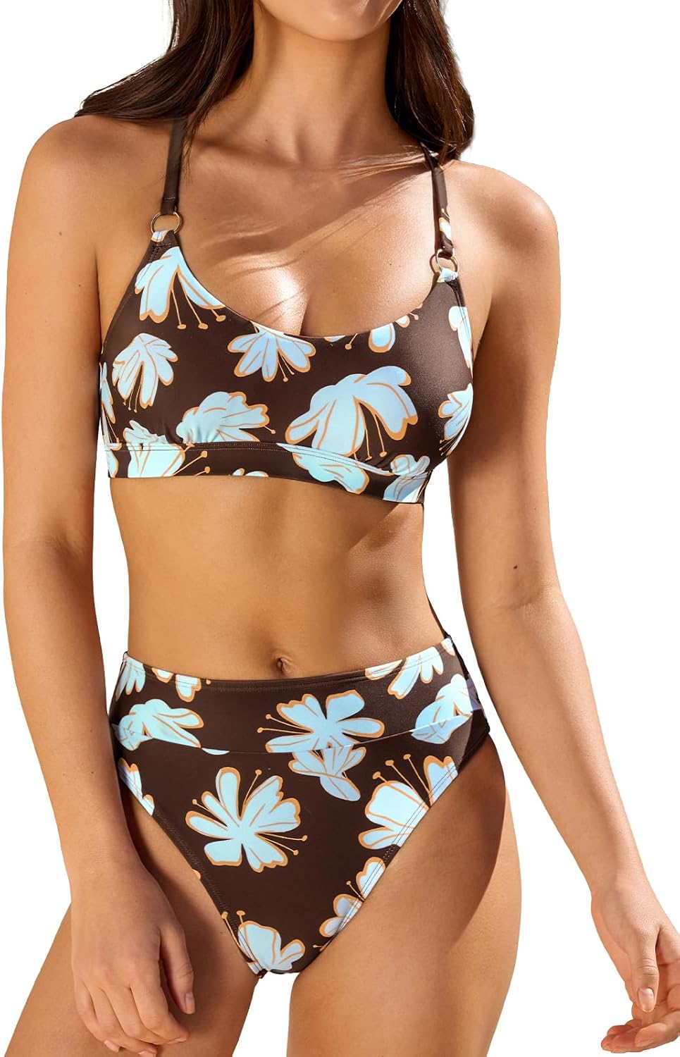 CUPSHE Women's High Waisted Bikini Set Scoop Neck Two Piece Swimsuit | Modest Bathing Suit, Removable Soft Cups, Crisscross Back Self Tie, Adjustable Straps, Moderate Coverage, Beach Vacation