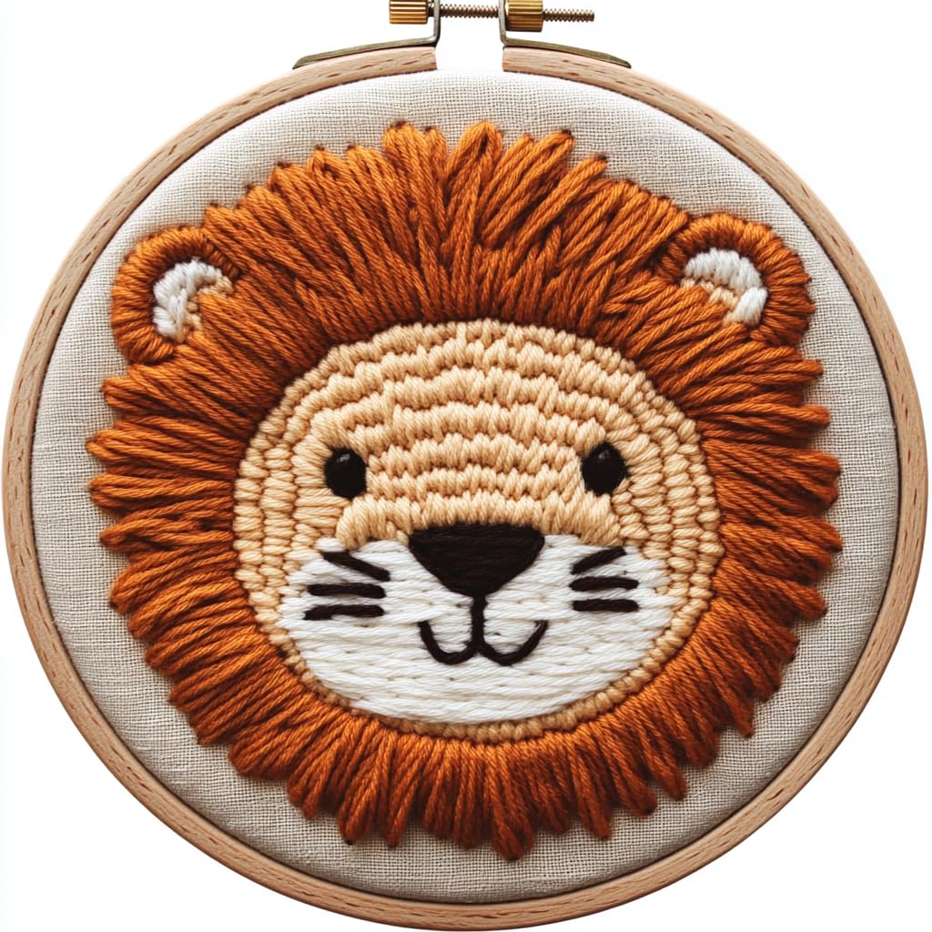 Punch Needle Kits Cute Lion Face Easy for Beginners DIY Punch Needle Yarn Starter Embroidery Set for Craft Lovers with Printed Pattern and Hoop for Home Decor 20x20cm(3)