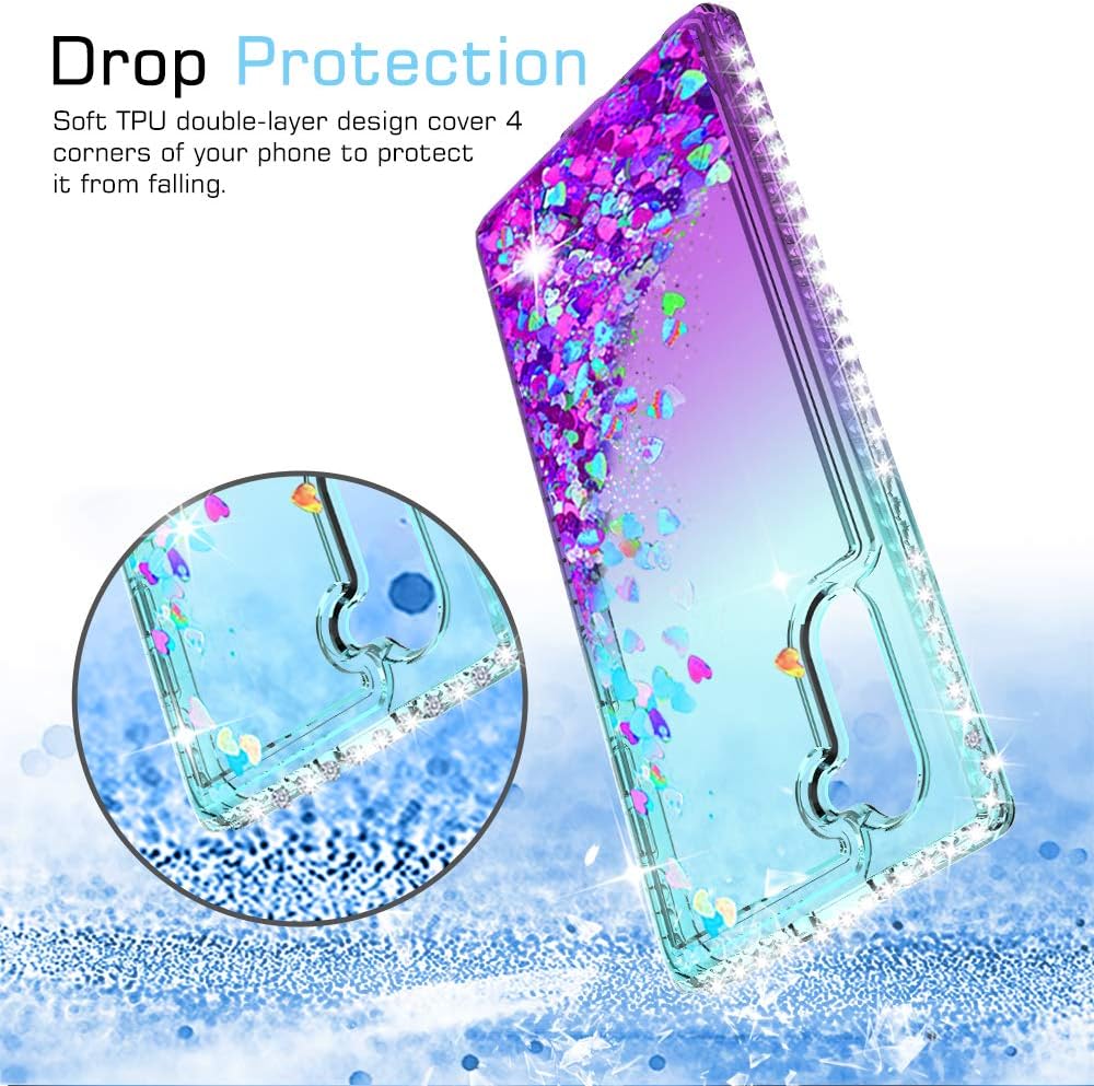 LeYi Compatible with Galaxy Note 10 Case with 3D Curved Screen Protector(2PCS) for Girls Women, Glitter Clear Phone Case for Samsung Galaxy Note 10, Teal/Purple