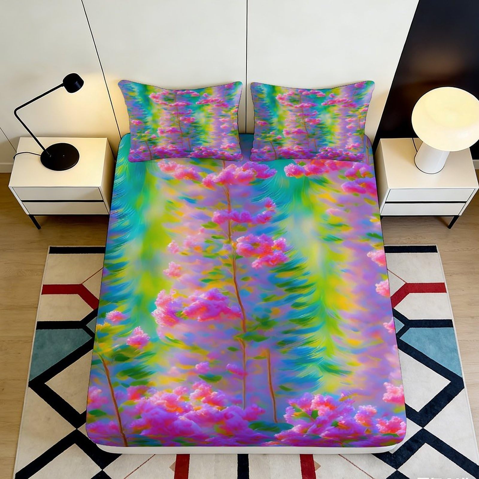 3D Printed Dreamy Blossom Fitted Sheet Microfiber Soft Colorful Watercolor Mattress Cover for Bedroom Guest Dorm Decor 120x200cm 180x200x25cm