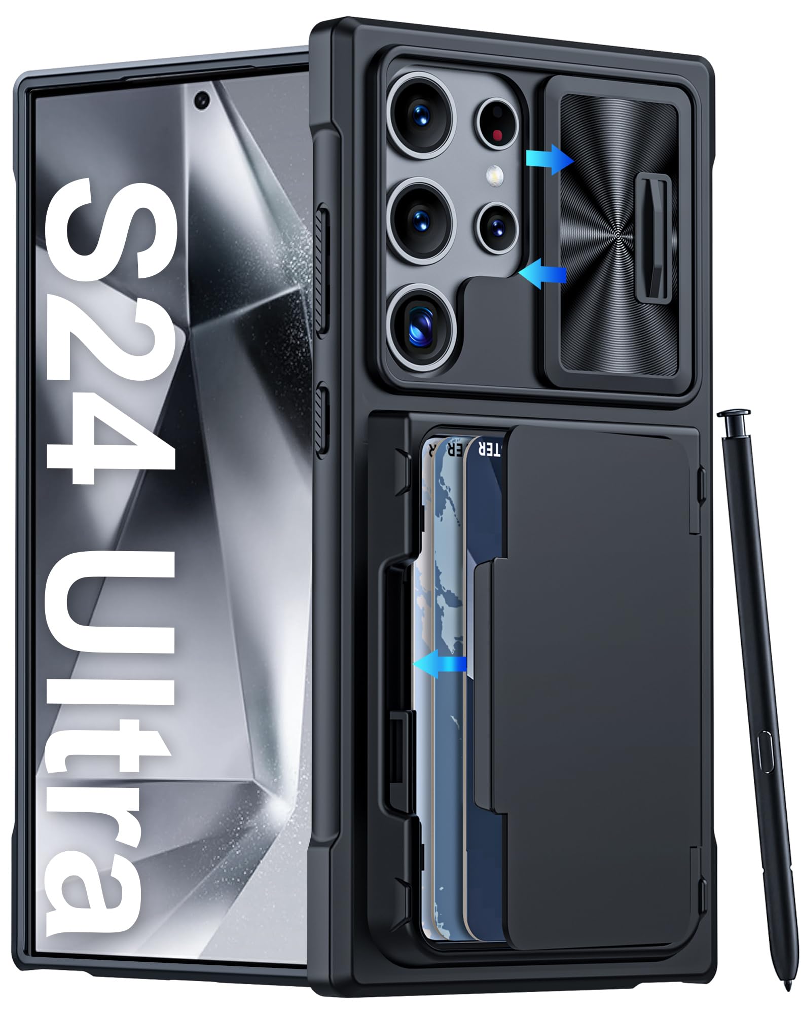 Vizvera for Samsung Galaxy S24 Ultra Case Wallet, RFID Cards Holder & Camera Cover & Kickstand for Women Men, Full Body Rugged Shockproof Silicone Case for S24 Ultra 6.8" 2024 Only-Black