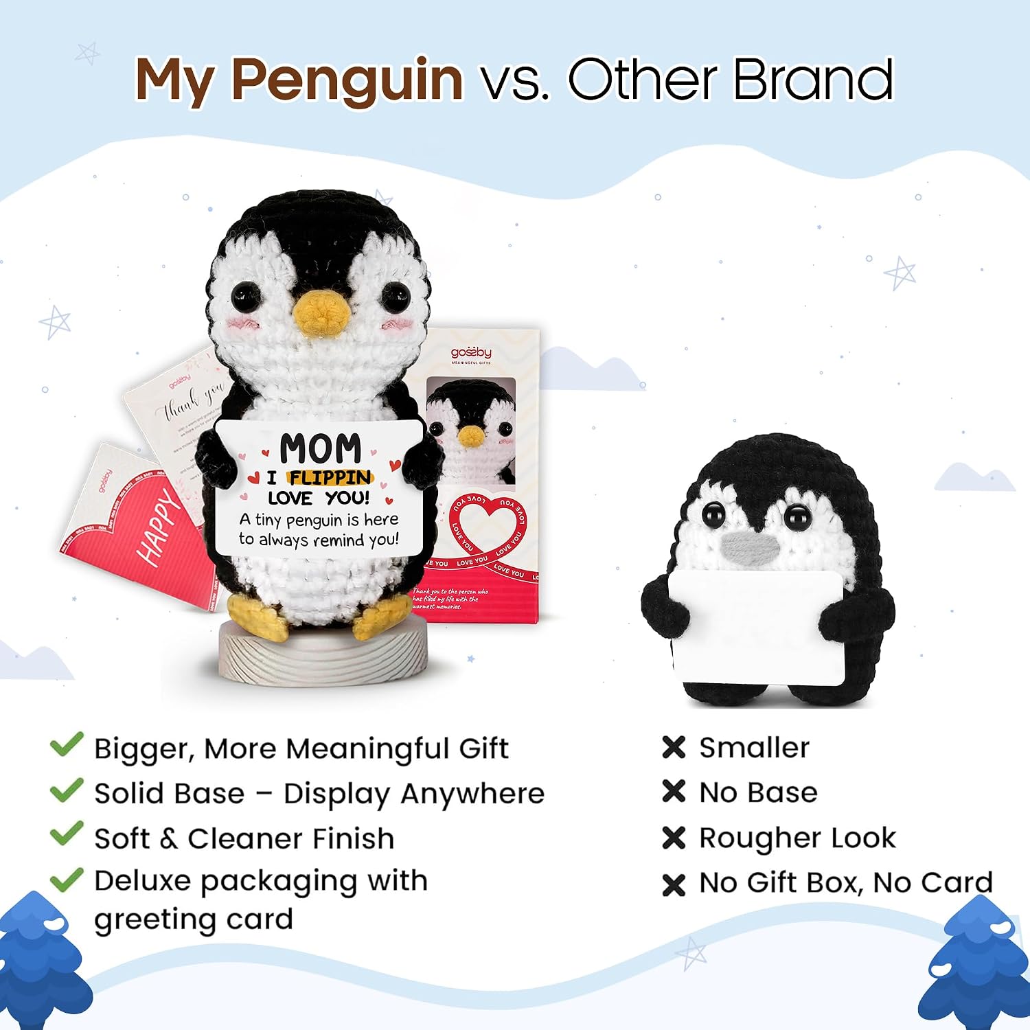 Gossby Gift for Mom - Positive Penguin Crochet with Card - I Flippin Love You - Mom Gift from Daughter, Son, Kid - Mothers Day, Christmas, Birthday Gifts - Handmade Crochet Animal with Message
