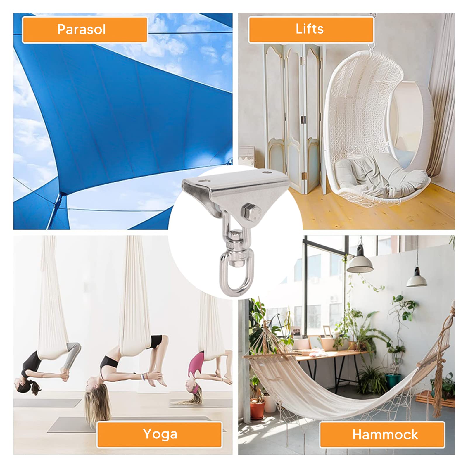 Leapiture Swing Hanger Stainless Steel Suspension Hook 360 Degree Swing Hanger Carabiner Hook Hammock Hooks Heavy Duty Hammock Chair Hanging Kit for Hammock Chair Stand Seat Tree Yoga Gym - Image 2