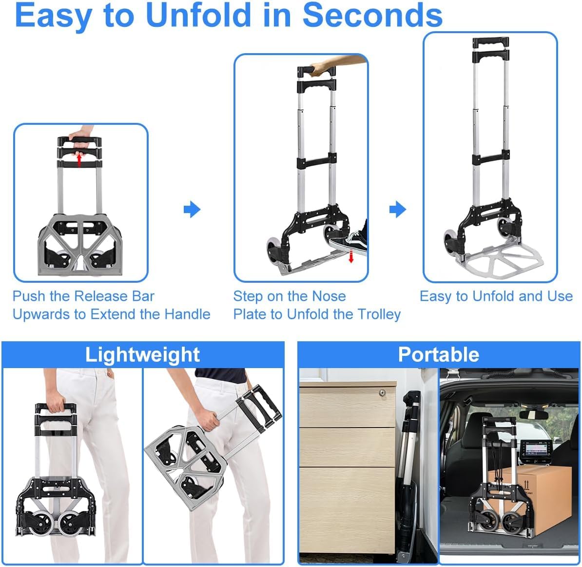 Handkarre klappbare Sackkarre Aluminium Trolley Faltbare Cart mit Teleskopgriff, 2 Gummirädern & Bungee-Seil für Gepäck, Reisen, Auto, Umzug, Airport, Einkaufen und Büro