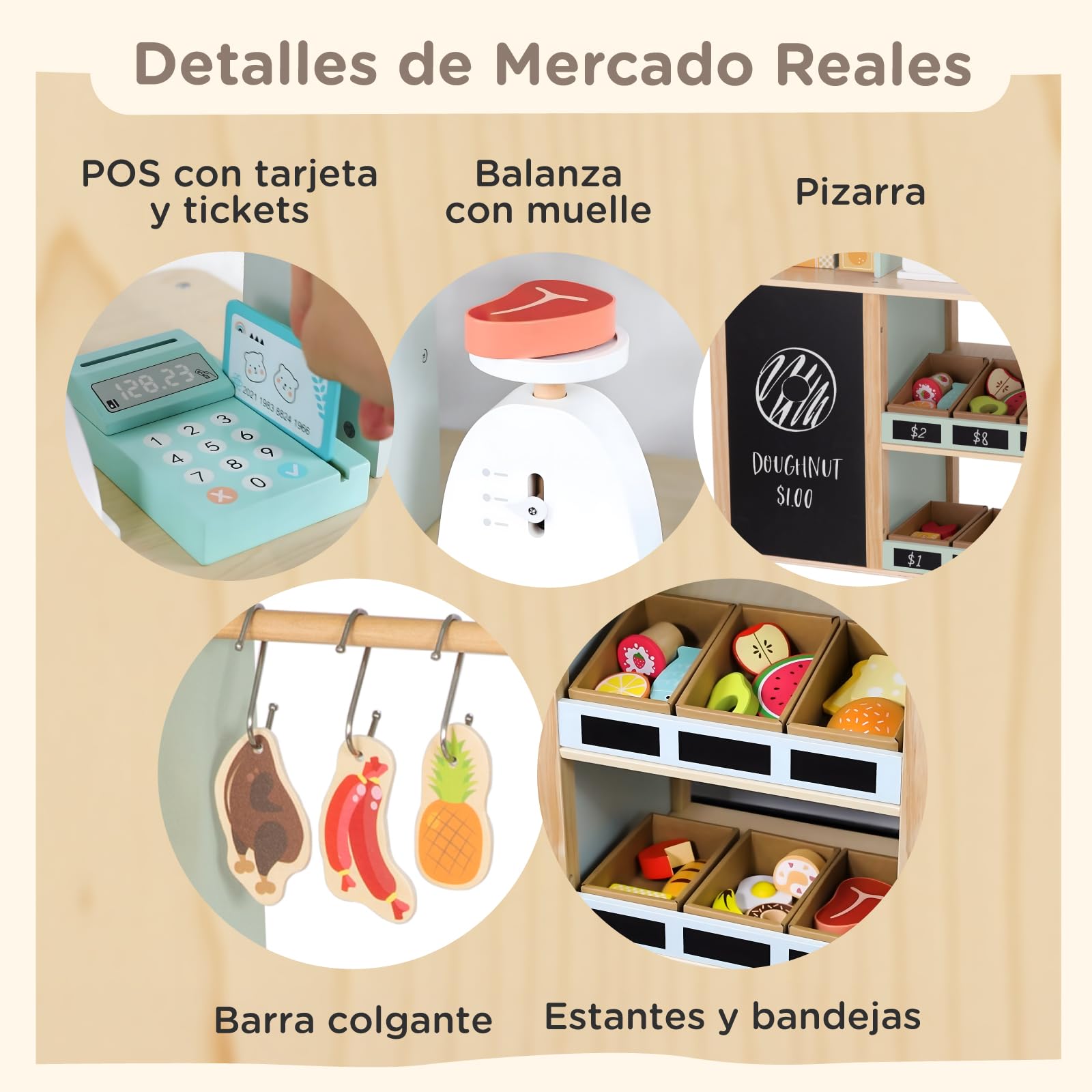 Nene Toys Tienda de Supermercado de Madera – Puesto de Mercado Todo‑en‑Uno con Caja Registradora, Balanza, Pizarra, Barra Colgante, Asa & Ruedas – Lado Reversible con Horno – Regalo Niños 3–7 Años