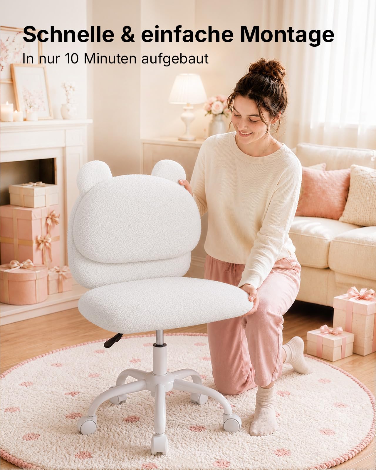 Marsail Schminktisch Stuhl, Schreibtischstuhl aus Teddyfleece, Weiß
