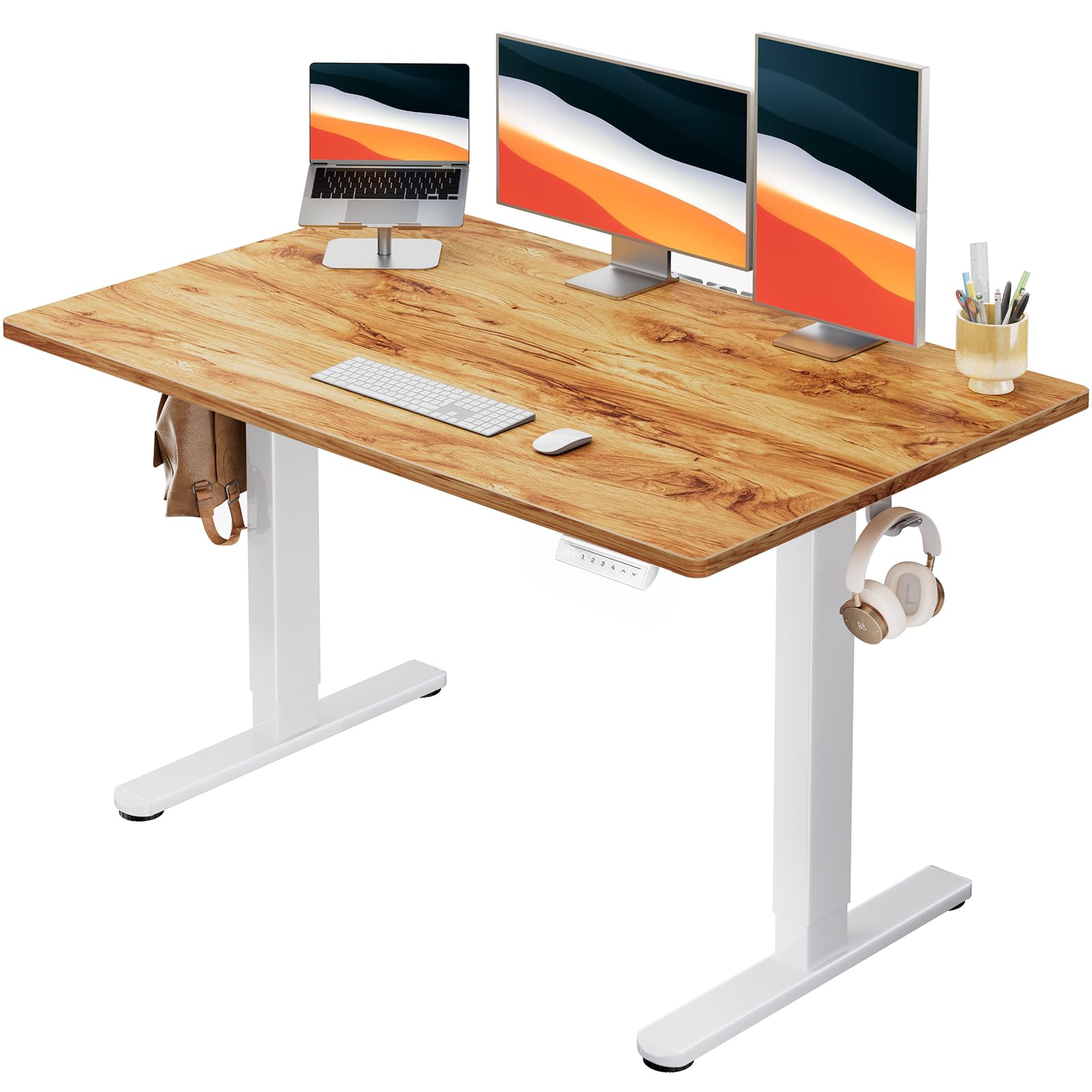 HUANUO Electric Standing Desk, 48" x 30" Whole Piece Desktop, Adjustable Height Computer Desk, 4 Height Memory Settings, Sit Stand Up Desk for Home Office, Light Vintage