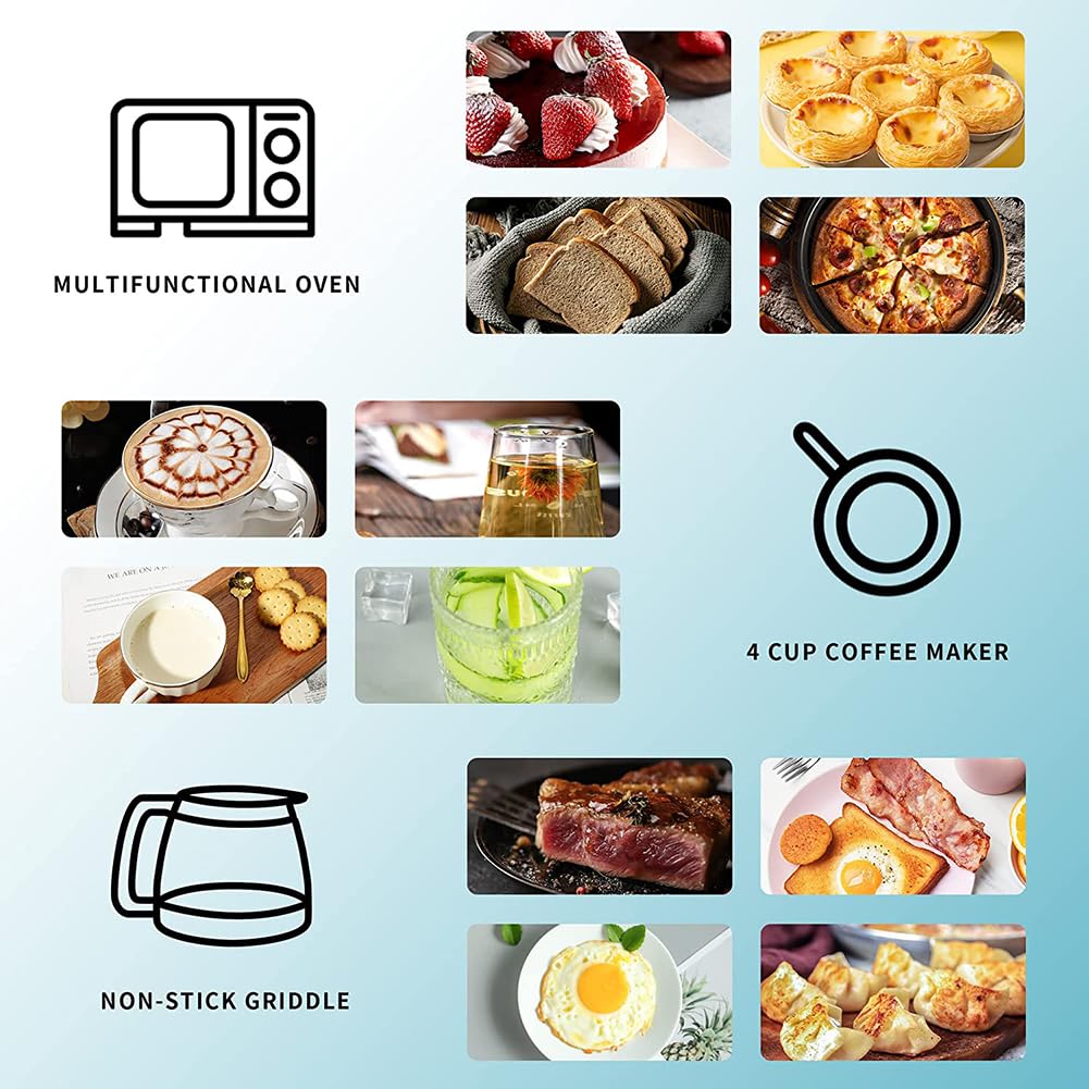 Machine à Petit-déjeuner multifonctionnelle 3 en 1 avec cafetière, Plaque antiadhésive et Four Grille-Pain à 4 tranches - Station de Petit-déjeuner complète