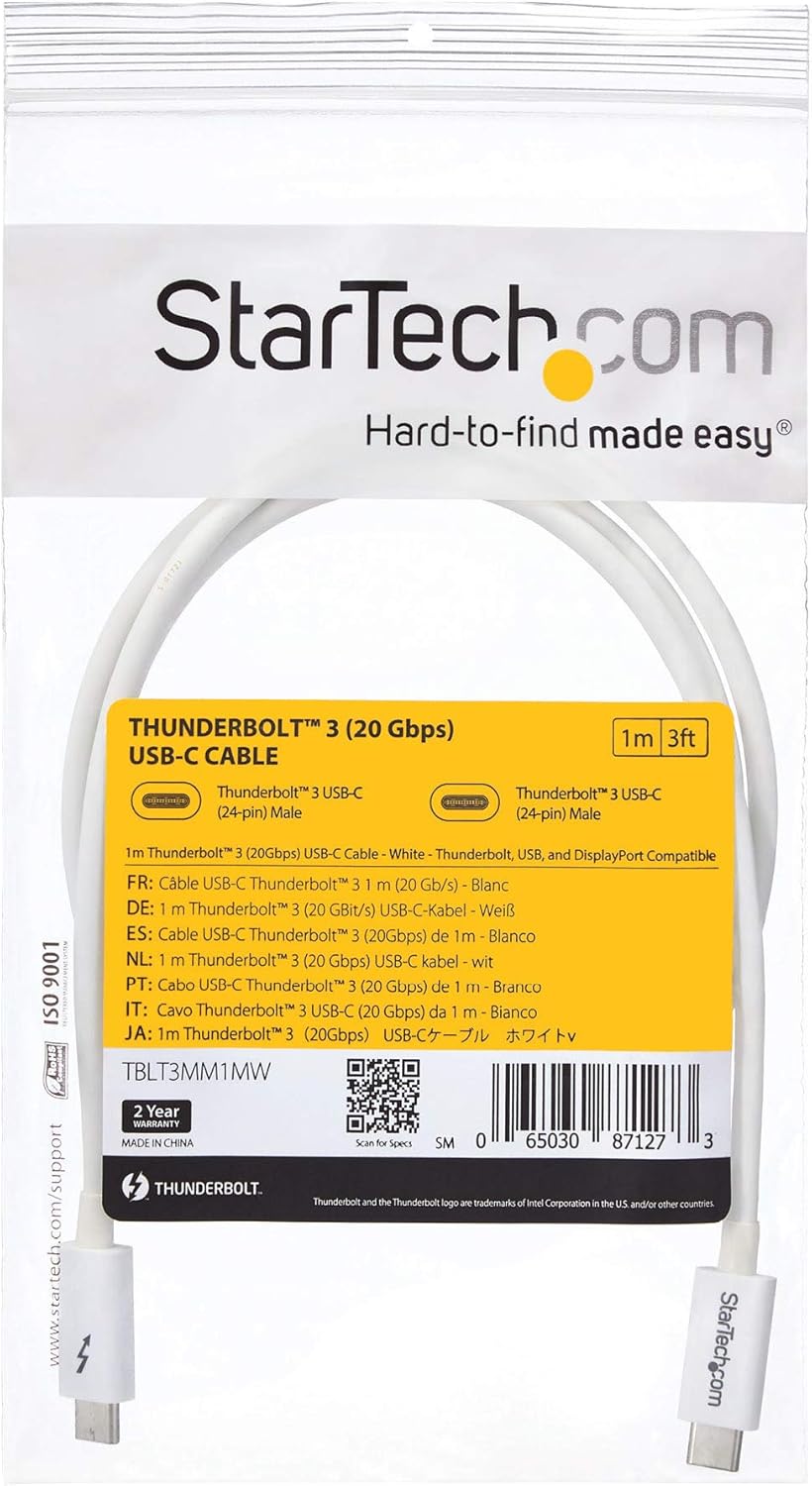 StarTech.com 3.3ft (1m) Passive Thunderbolt 3 Cable, 20Gbps, 100W PD, 4K Video, Thunderbolt Cable, Compatible with USB4/DP Alt Mode, Thunderbolt 4, USB 3.2/Type-C (TBLT3MM1MW)
