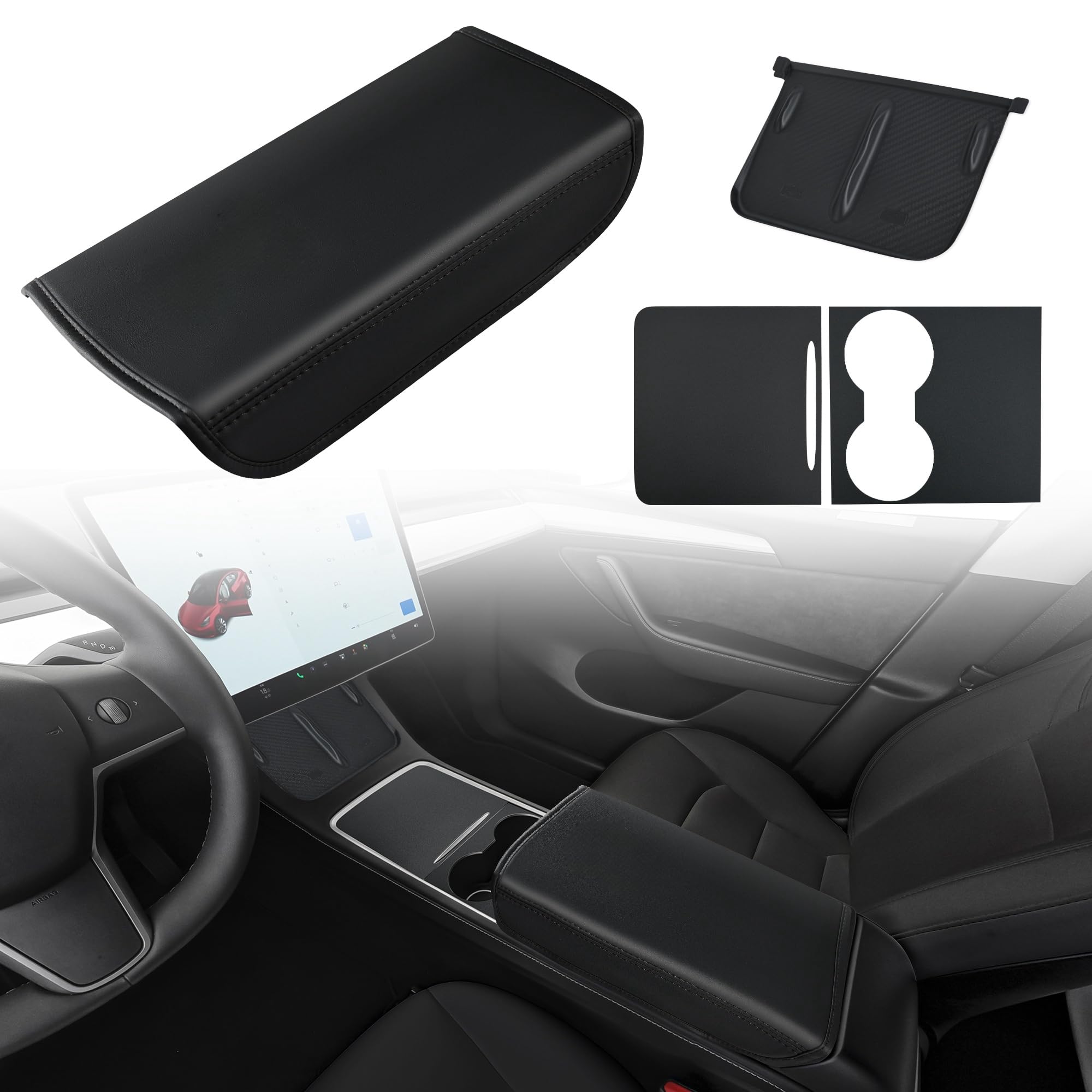 Center Console Cover,Interior Accessories Designed for Tesla Model 3 Model Y,Leather Armrest Cover,Center Console Wrap Cover,Waterproof Wireless Charger Silicone Mat.(Black 3Pcs)