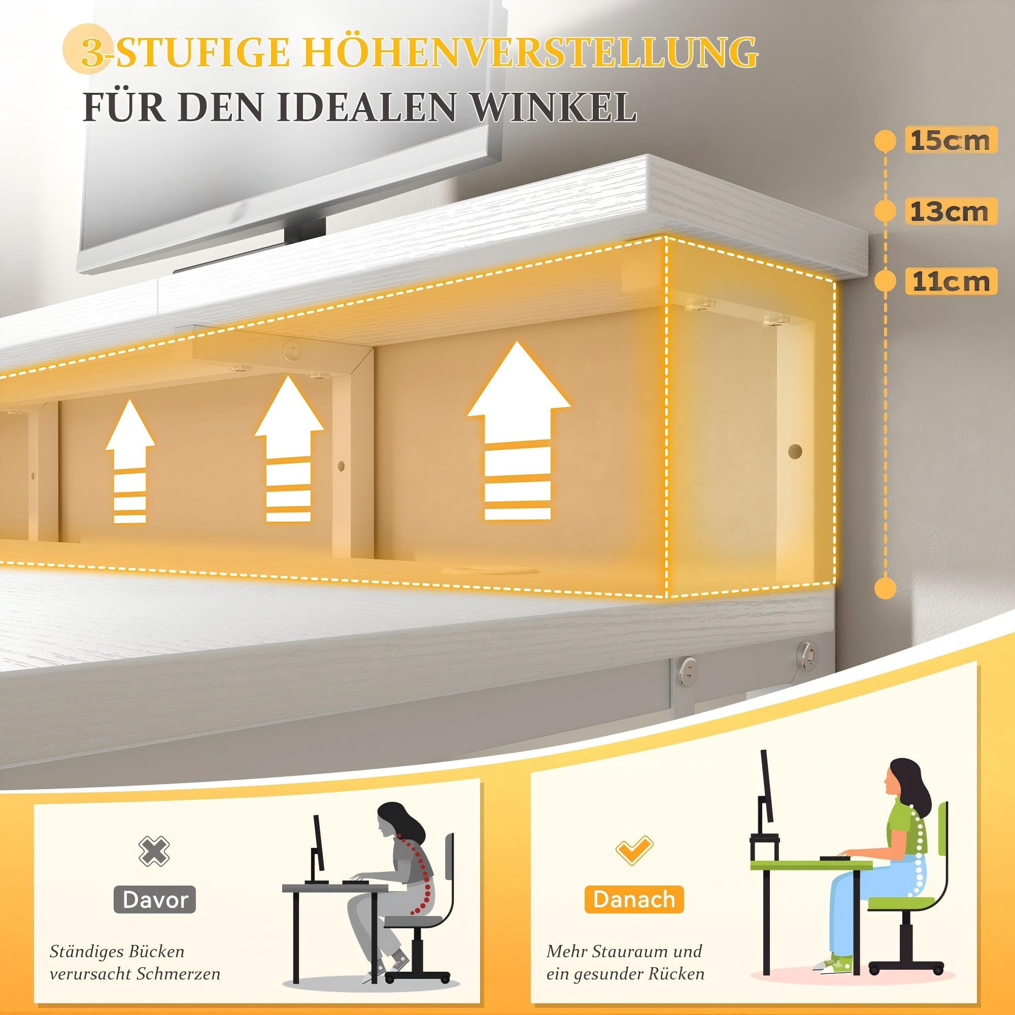 120x48 cm Rechteckig Schreibtisch mit 2 Schubladen, 1 Hängeorganizer, Monitorständer, Kabeltüllen,3-Verstellbare Höhe,Umkehrbar Ergonomisch Computertisch für Homeoffice,Studieren,Gaming,Weiß