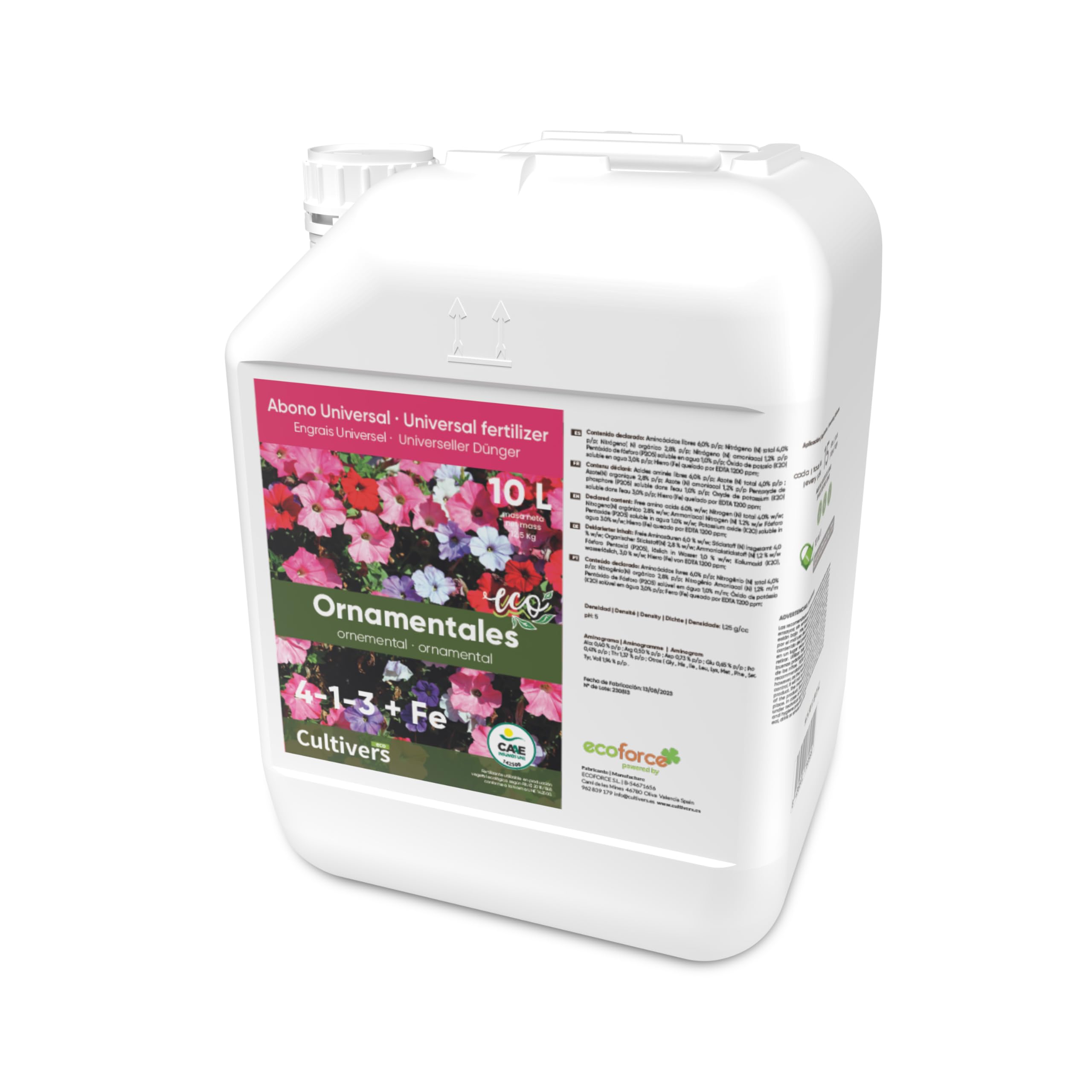 CULTIVERS Fertilizante para Plantas Ornamentales Ecológico de 10 L. Abono líquido con Aminoácidos + Quelato de Hierro. Plantas más verdes