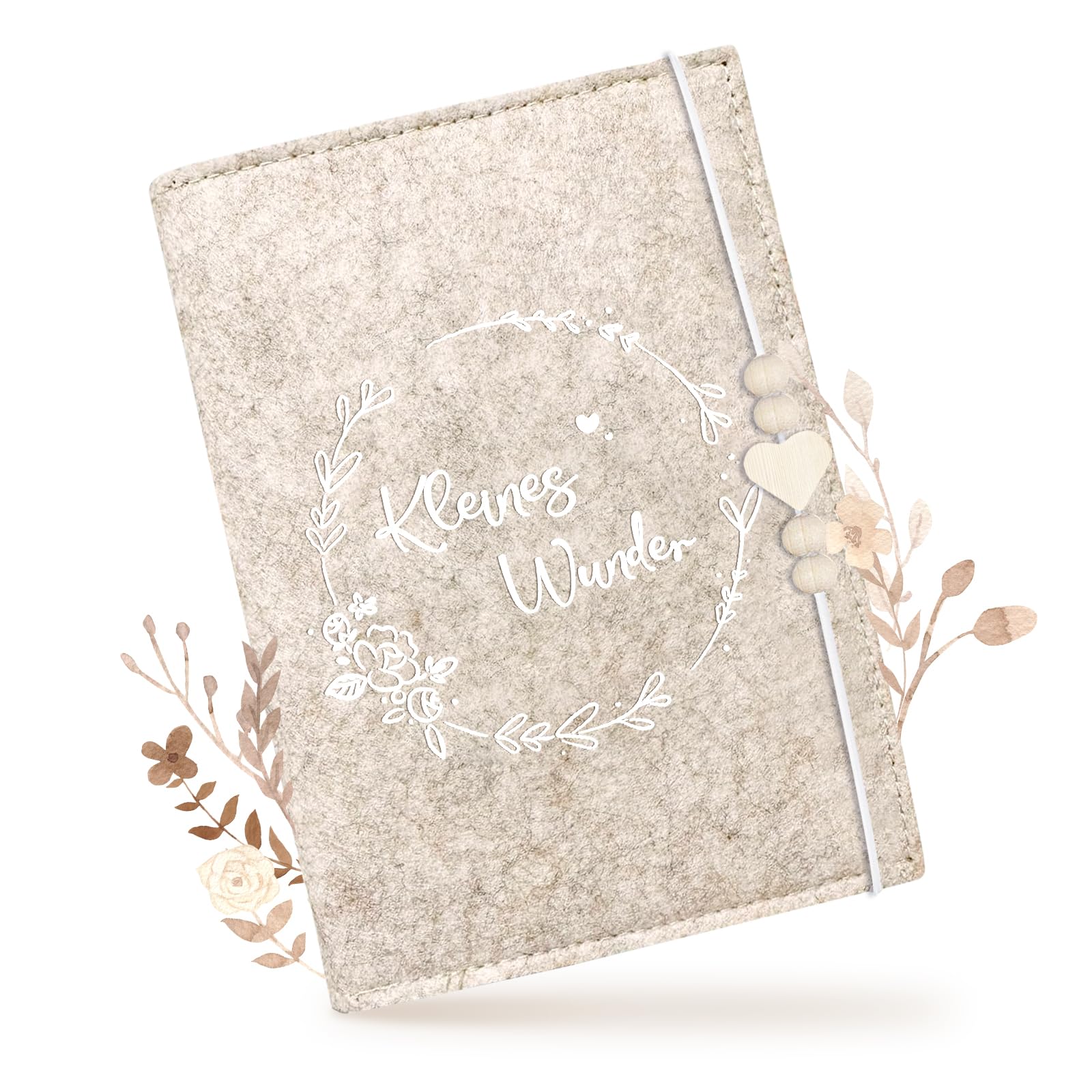 Mutterpasshülle aus Filz für Deutschen Mutterpass – Beige mit Holzperlen & Holzherz, Mutterpass Schutzhülle zur Aufbewahrung von Dokumenten & Ultraschallfotos, Geschenkidee für Schwangere & zukünftige
