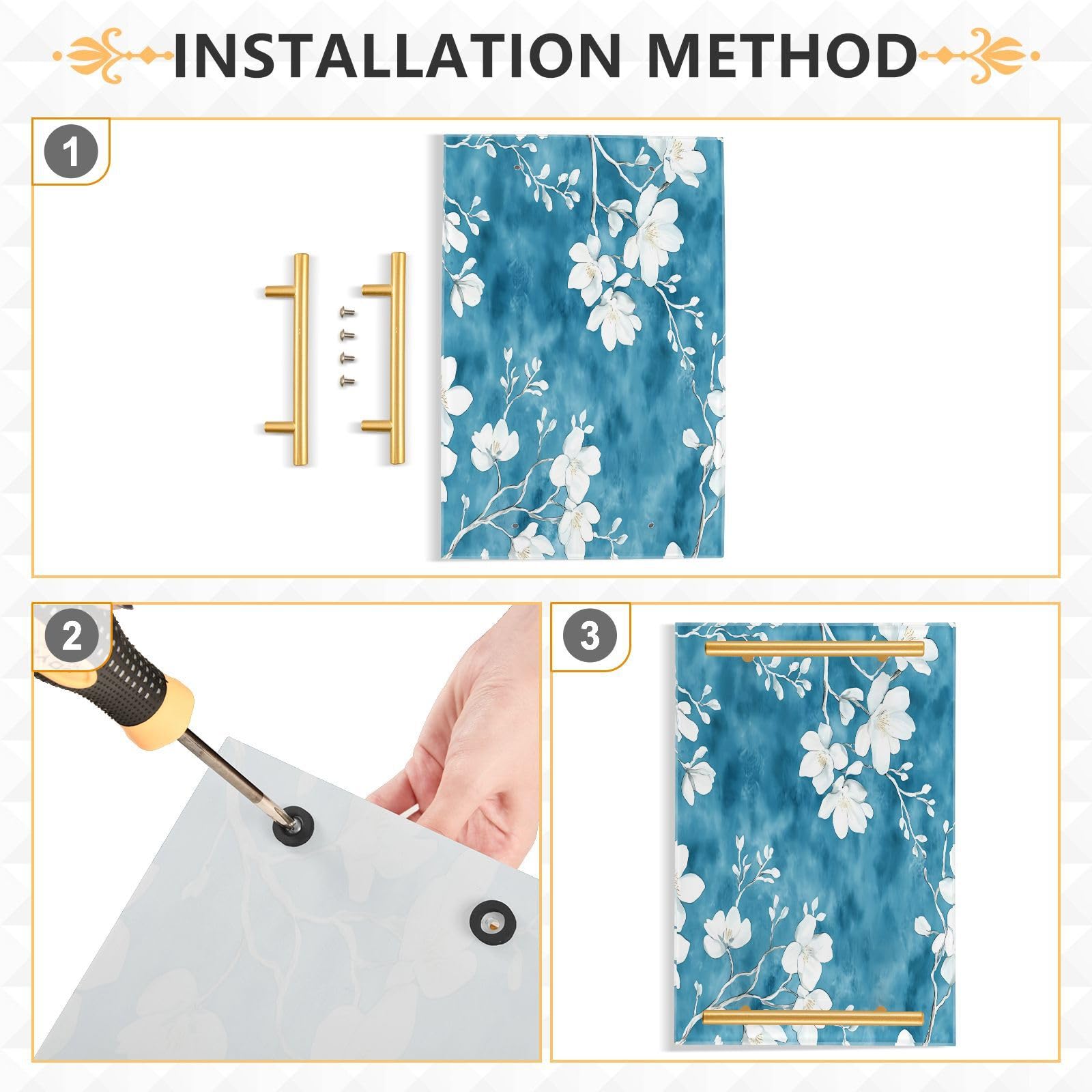 BOESI White Flowers on Blue Background Tray, Tray with Handles, Countertop Organizer, Decorative