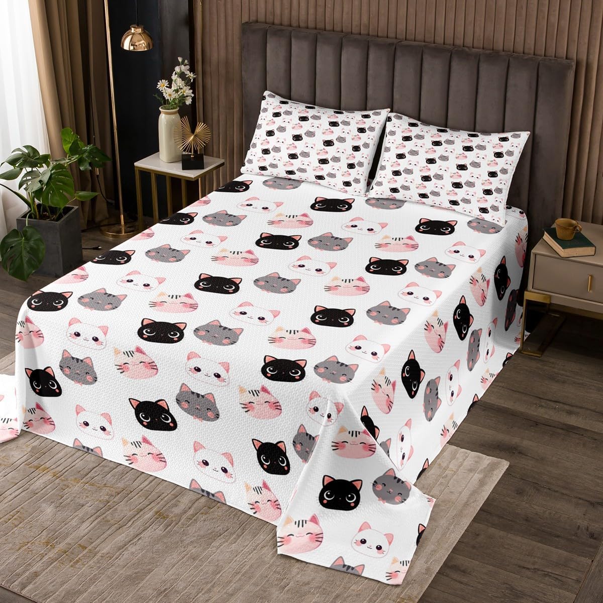 Homewish Cartoon Cat Bedspread Queen Size,Cute Pet Animals Bedding Set 3Pcs for Kids Girls Boys Teens Room Decor,Kawaii Black White Cat Comforter Set Pink Chic Soft Quilt Coverlet,2 Pillowcases