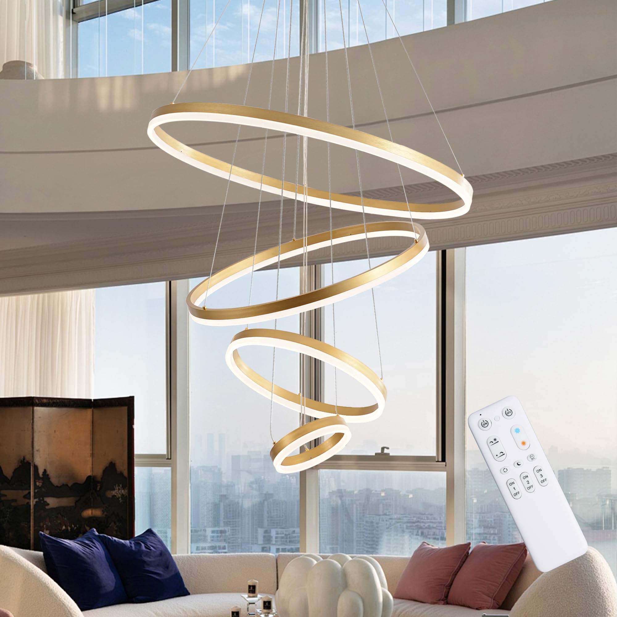 KAUCQI Lampara Techo Colgante, LED Lamparas Comedor, Regulable Lampara Colgante Cocina 3000k-6000k, 4 Anillos Φ 80+60+40+20cm, Modernos Candeeiro Teto Suspenso Lámpara Colgantes Salon, Isla