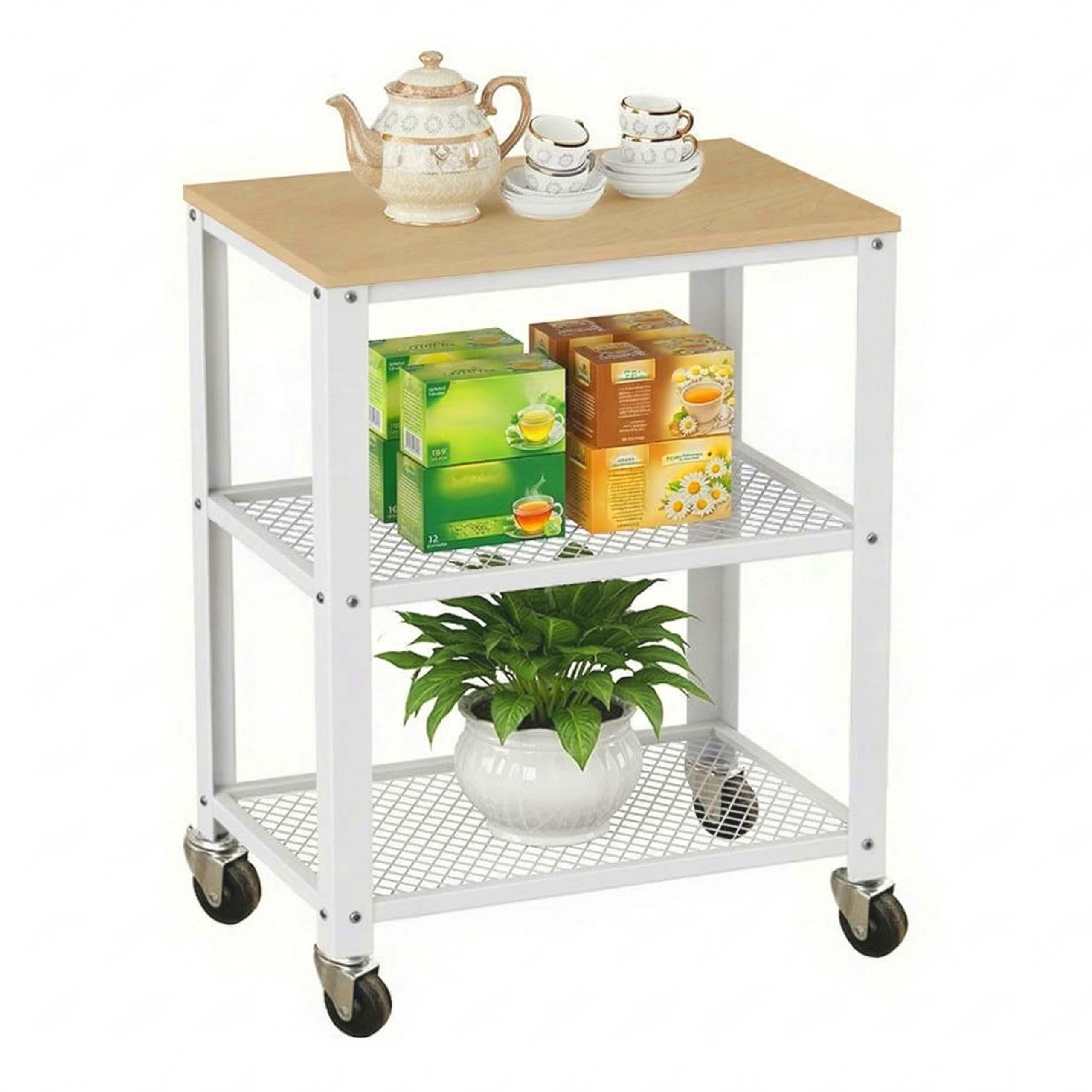 Relaxdays desserte Cuisine 3 Niveaux, Aspect Bois, roulante, Maison/Bureau, 77,5x60x40 cm, métal Brun Clair-Blanc