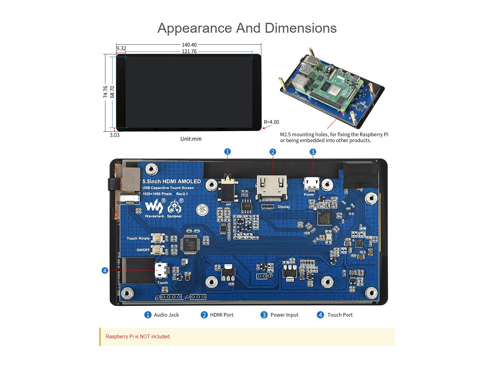 Waveshare 5.5inch HDMI AMOLED Display 1920x1080 Resolution Capacitive Touch Screen with Toughened Glass Cover Supports Multi Systems Raspberry Pi 4