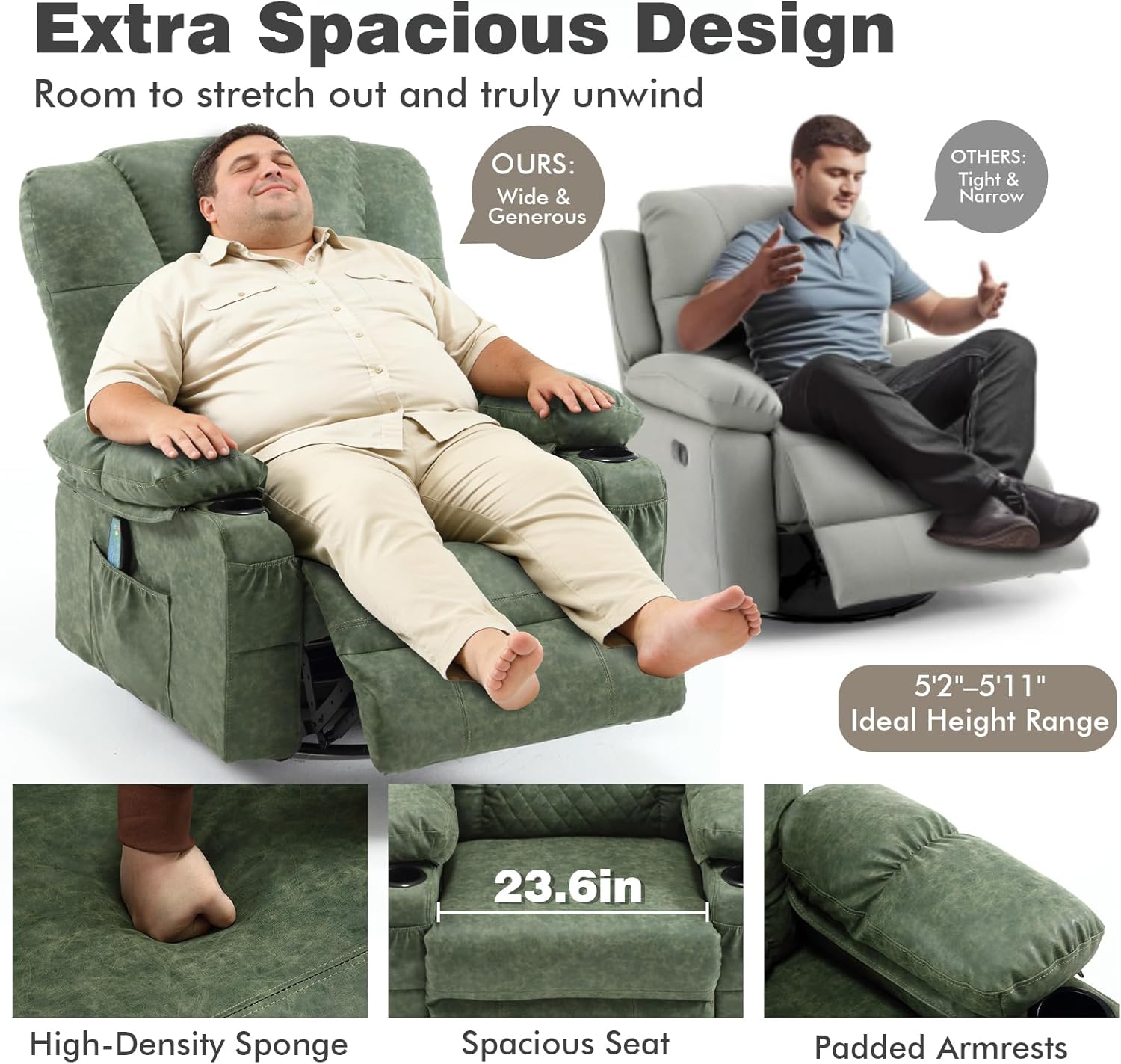 Rocking Recliner Chair with Heat and Massage, Overstuffed PU Leather Recliners for Living Room, Modern Single Rocking Chair for Adults, Manual Swivel Rocker Recliner with Cup Holders,Light Green