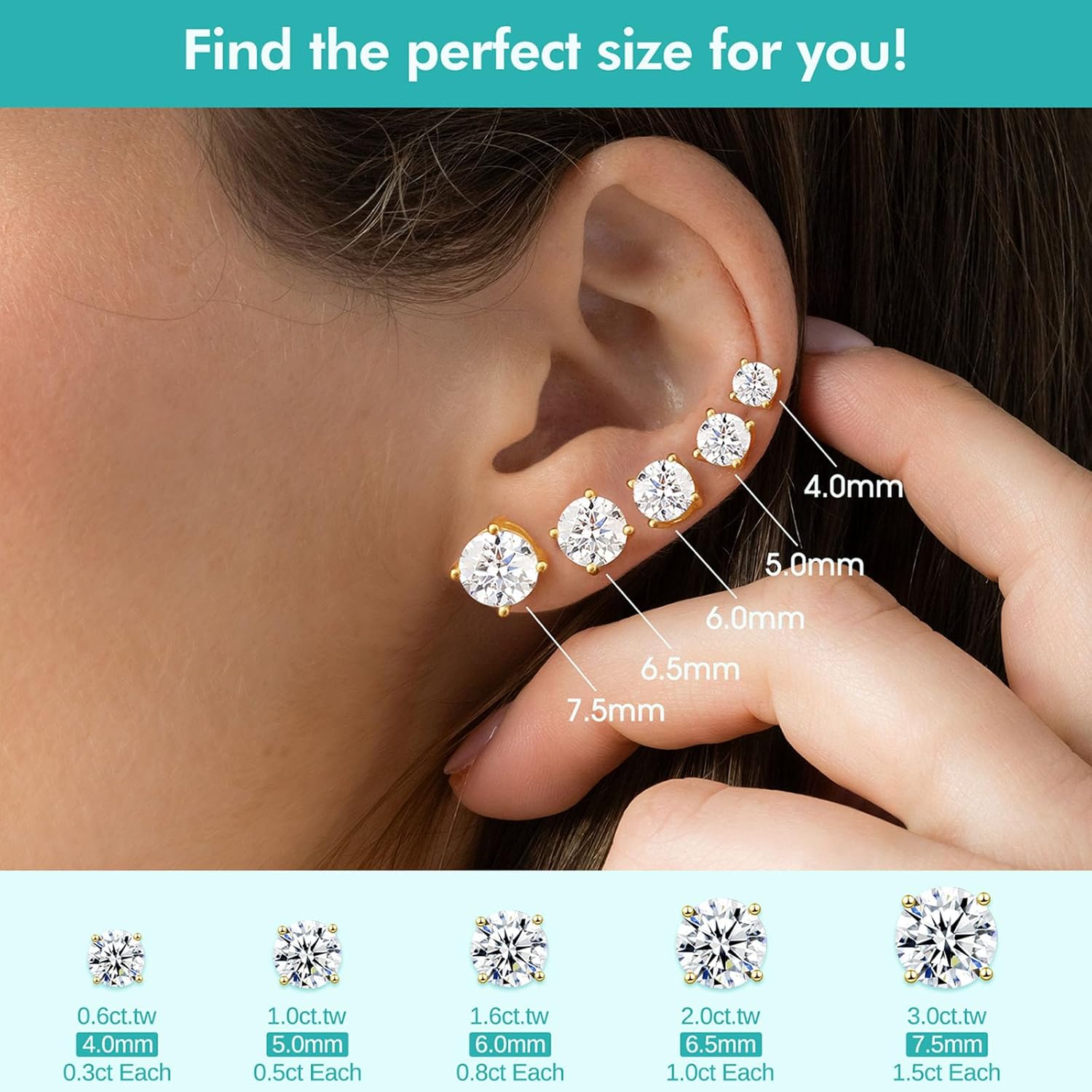 Moissanite Stud Earrings, 0.6–3.0ct Lab Created Diamond Earrings for Women & Men, D Color VVS1 Clarity, 925 Sterling Silver, 14K White Gold Plated, Hypoallergenic Solitaire Studs Jewelry Gift - Image 5