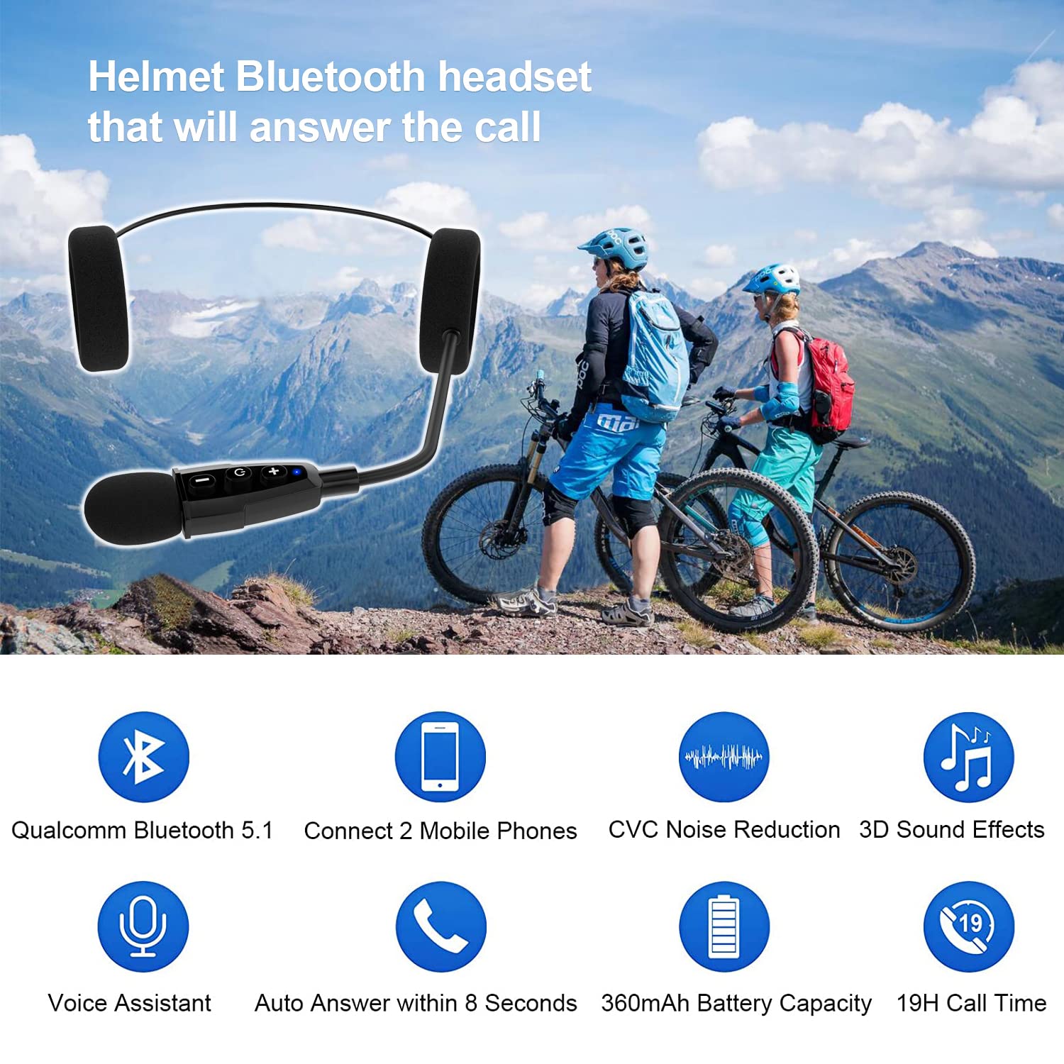 QSPORTPEAK Cuffia per Casco Moto Auricolari Cuffie Bluetooth Musica Stereo, E1+ Bluetooth 5.1 Navigatore e MP3, Raggio di 10m, Interfono Cuffia e Microfono Sportivo Sci Bicicletta Arrampicata