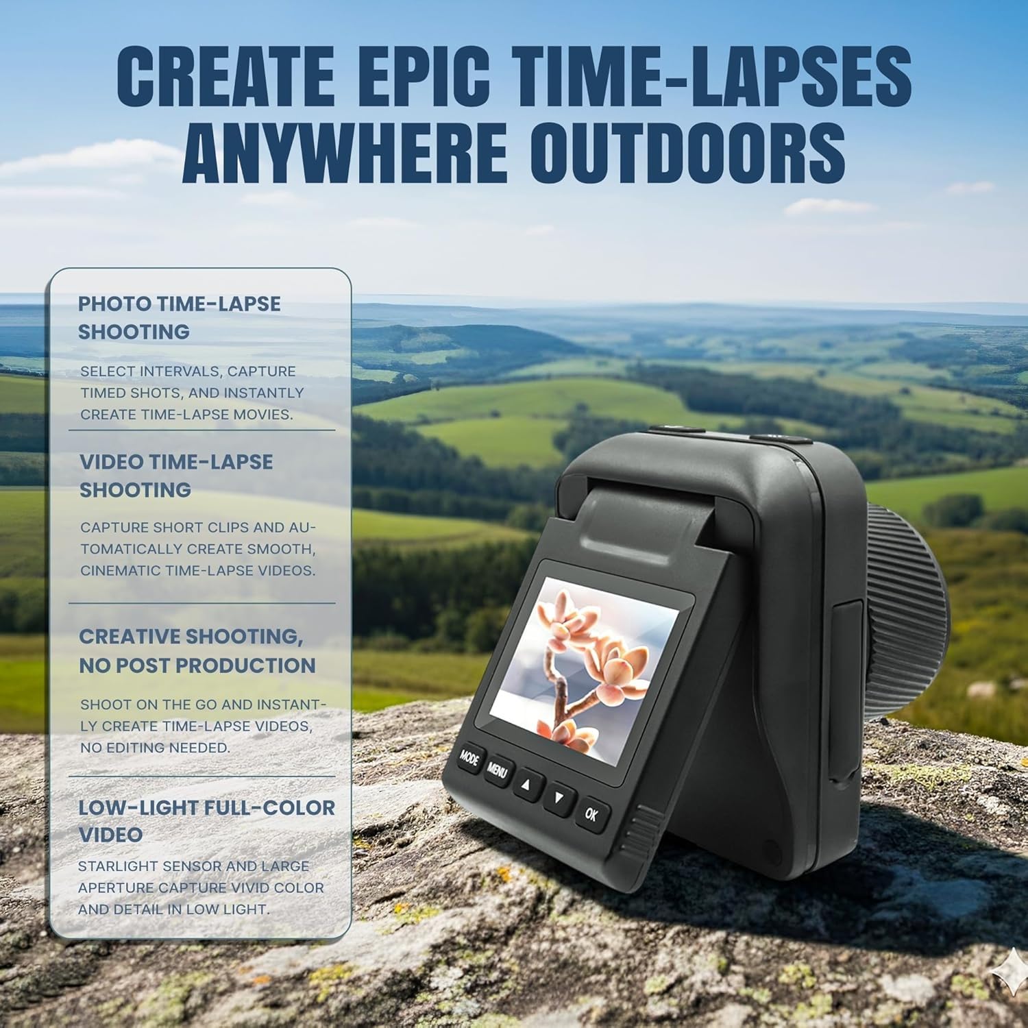 Zeitraffer Kamera, 4K FHD Time Lapse Kamera für Outdoor, IP66 wasserdicht, 180 Tage Aufnahme Time, Timelapse Camera für Baustellen, Pflanzen, Gartenarbeit, Kochen, Sonnenuntergänge (32GB)
