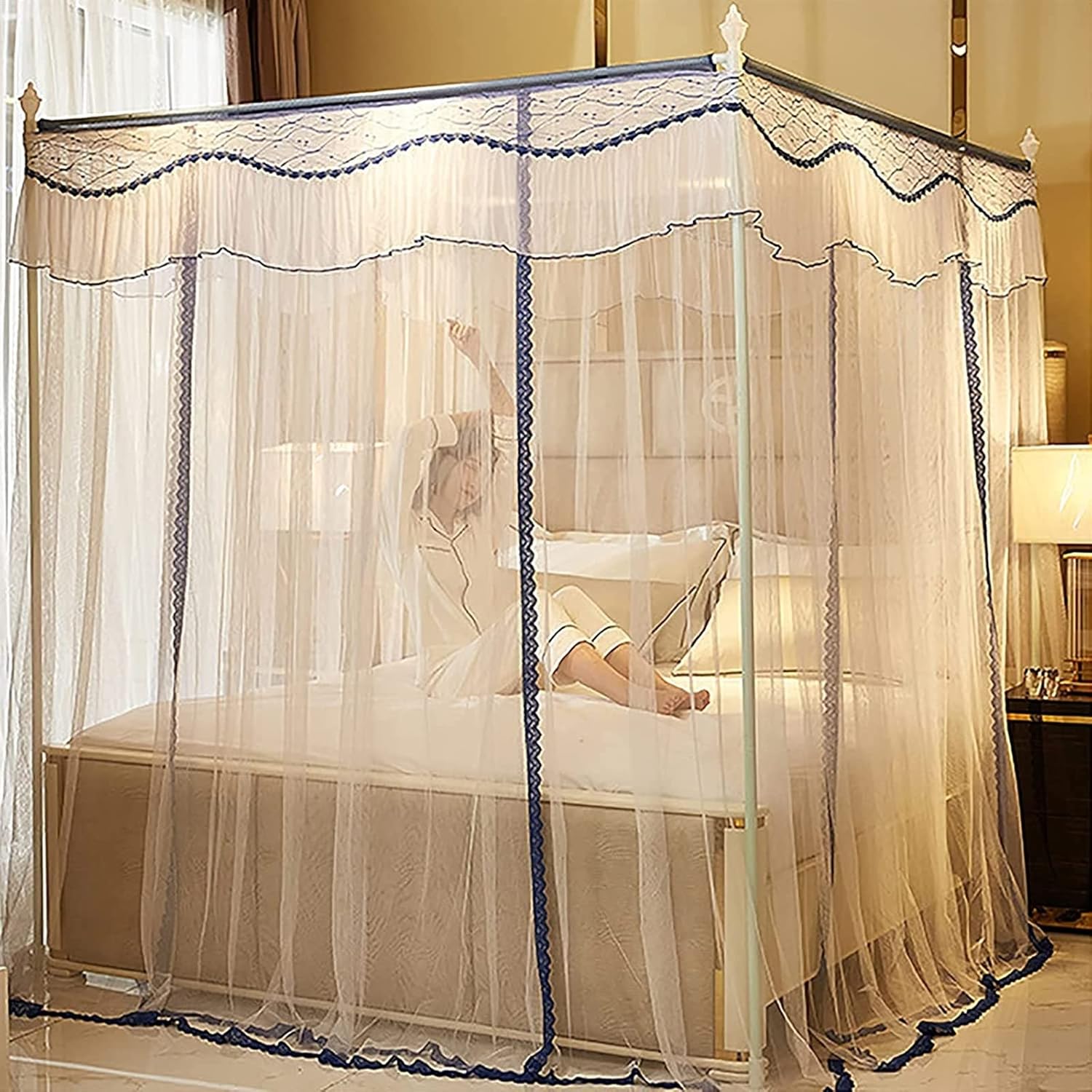 Canopy Bed Frame, Mosquito Net Bracket, Mosquito Net Frame, Stainless Steel Bed Curtain Pole, 4 Corner Bed Canopy Pole, Mosquito Net Bracket, Suitable Bed, Silver (Color : 21mm, Size : 2x2