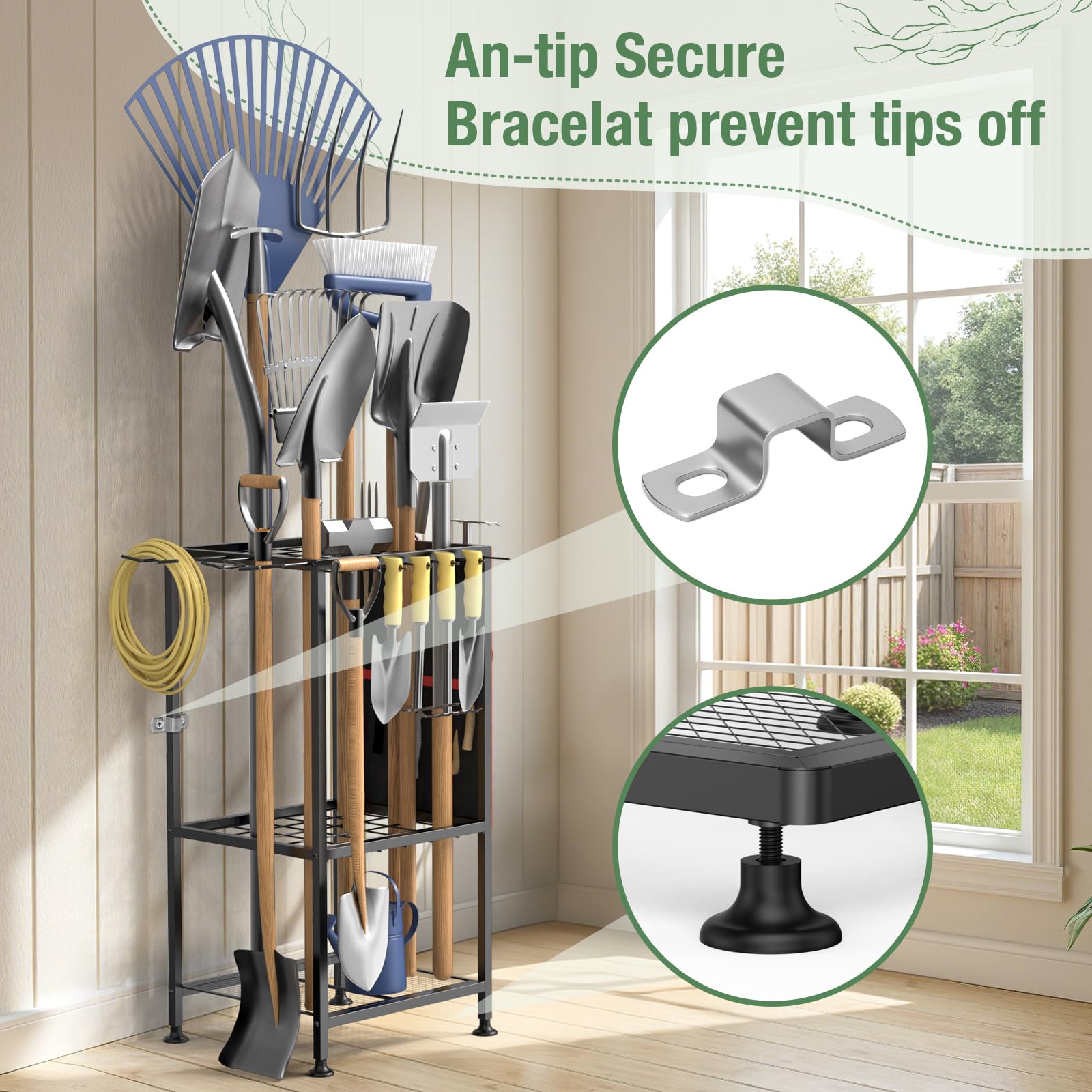 Garden Tool Organizer,Metal Yard Tool Organizer ,Holds 50 Long-Handled Tools/Rakes/Brooms,Side Garden Pocket ,Heavy Duty Steel Yard Tool Storage Rack for Garage,Shed, Outdoor