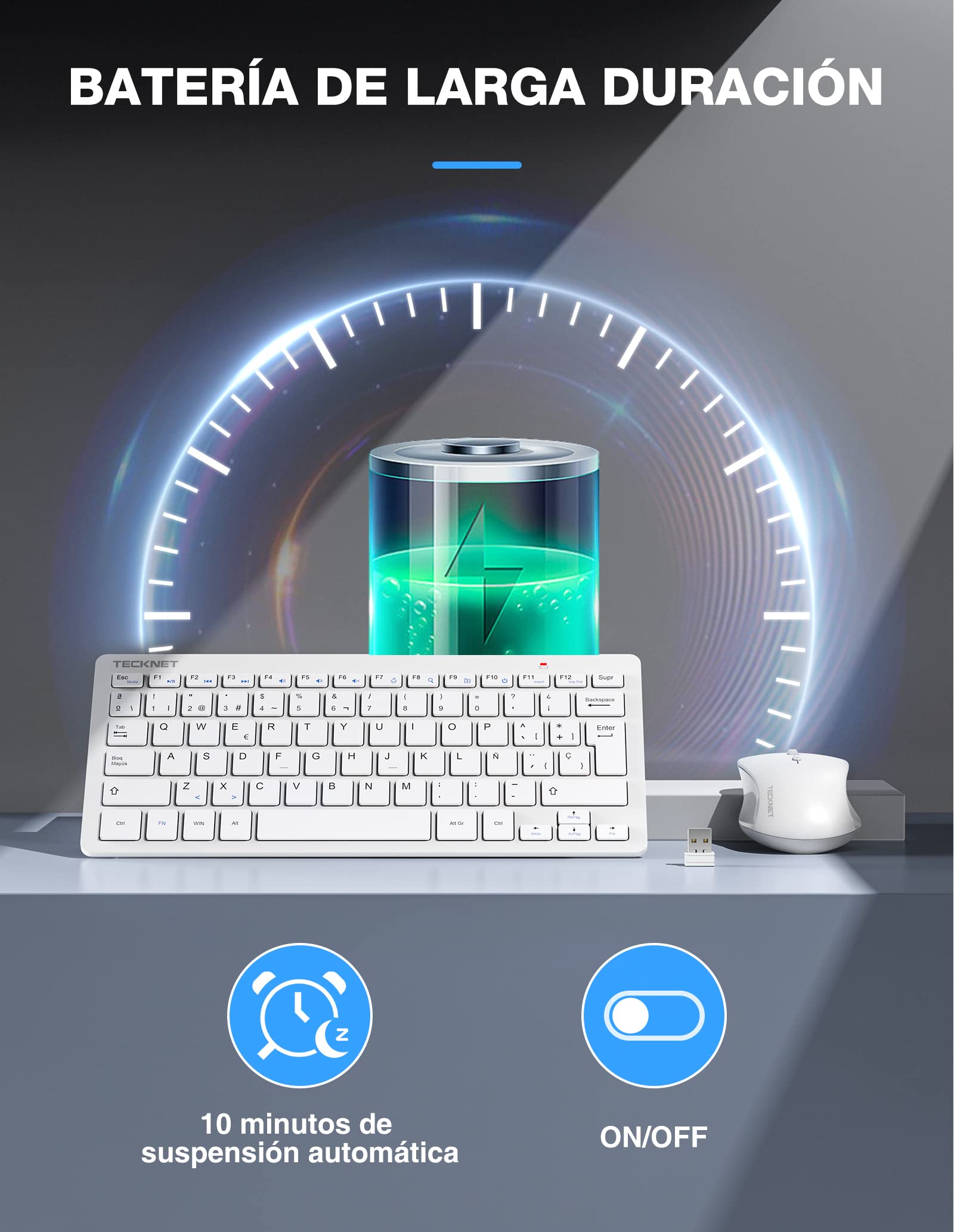 Mini Teclado y Raton Inalámbrico Ultra Delgado, TECKNET 2.4G Ergonómico Teclado, Toque Silencioso, Distancia de Rrabajo de 15 M, Portátil Teclado y Mouse per PC/Smart TV/Ordenador (Español,con la Ñ)