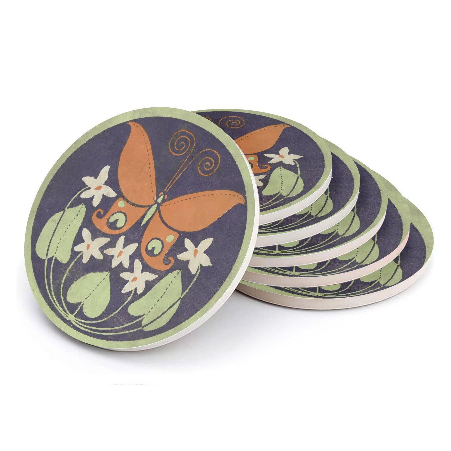 Sous-verre ronds en céramique style art japonais papillon, lot de 6 dessous de verre élégants
