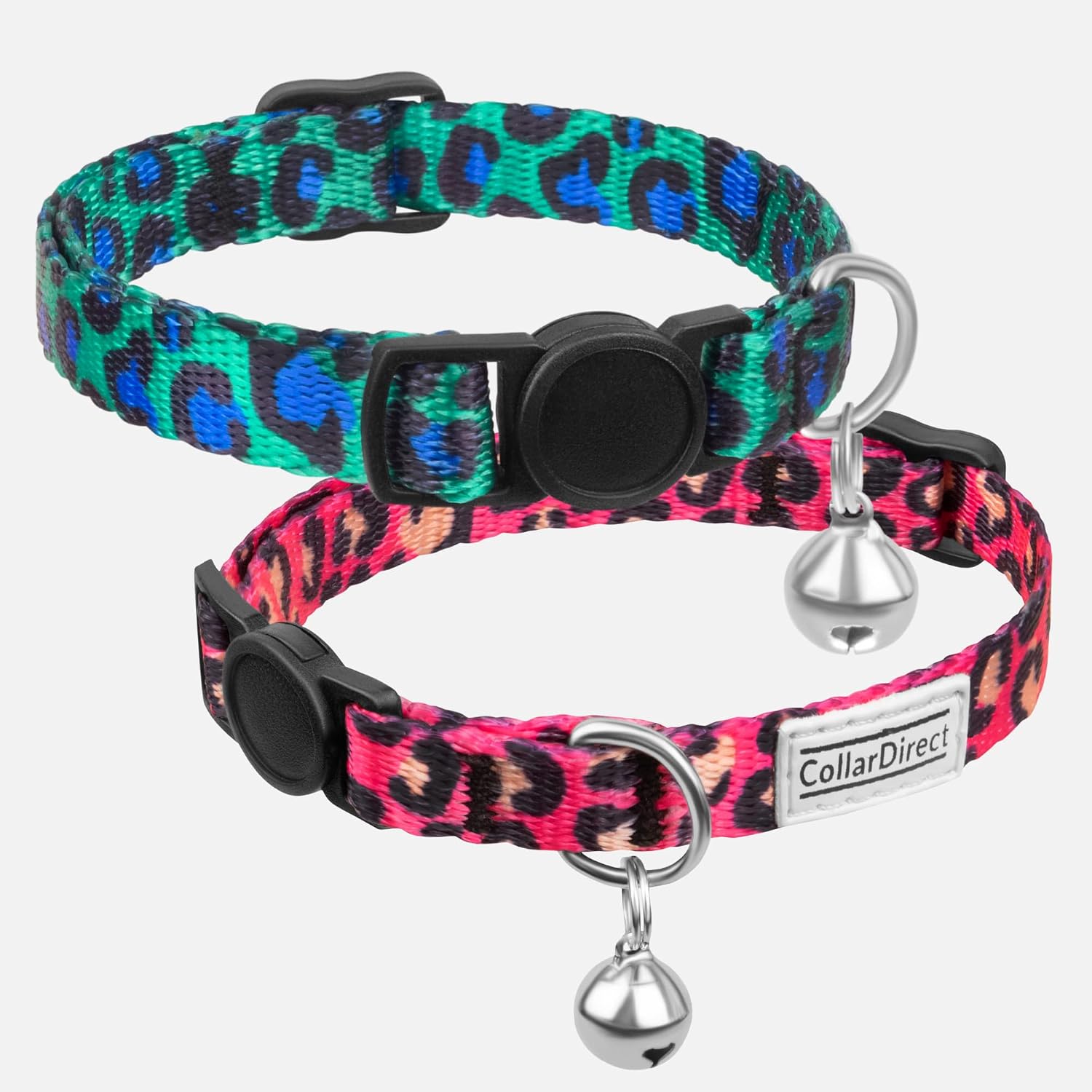 CollarDirect Breakaway Cat Collar with Leopard Print Pack of 2 PCS, Safety Kitten Collar for Cats with Bell, Adjustable Size 7-11 Inch (Pink-Green)