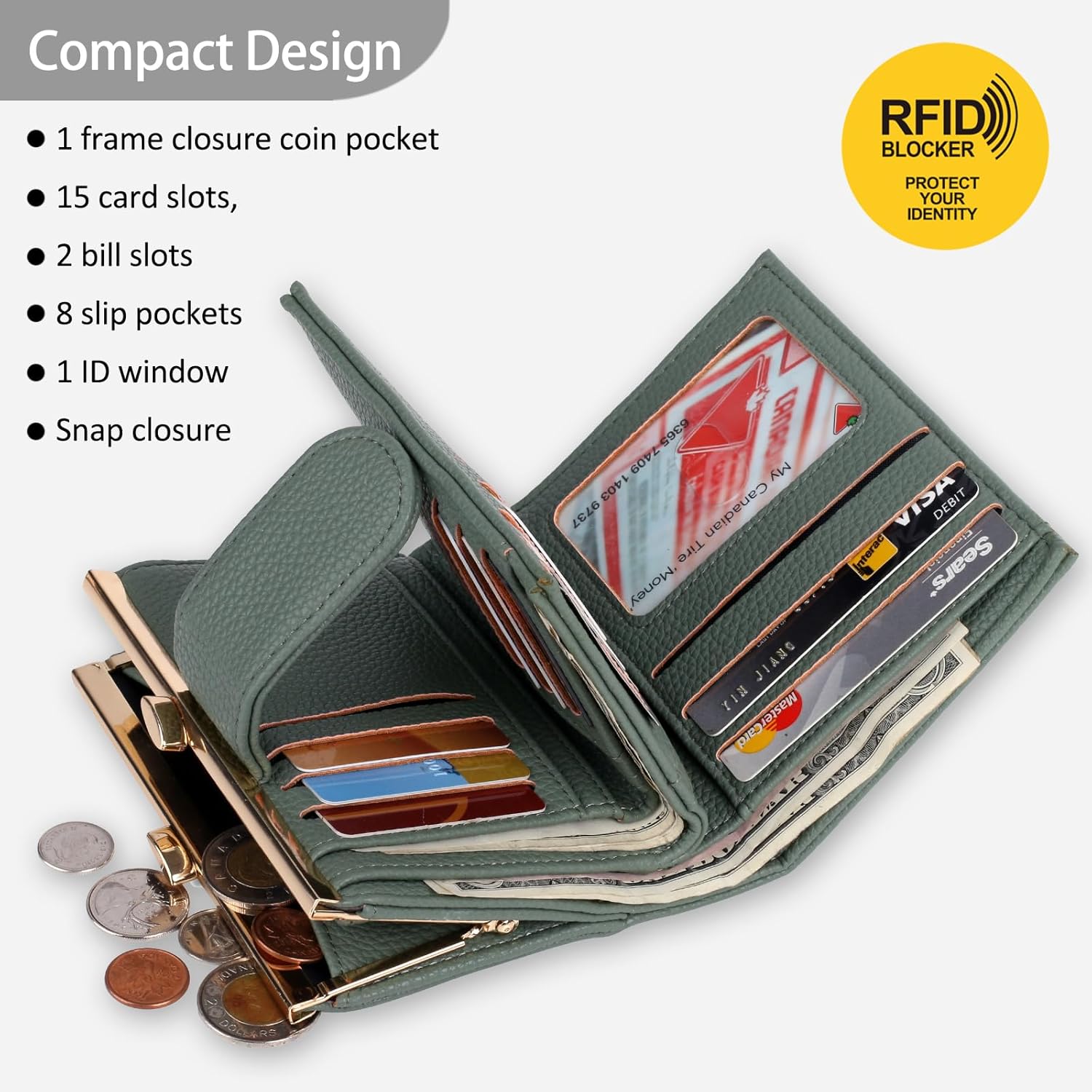 Julia Buxton Women's RFID Blocking Wallet with 16 Card Slots & Coin Pocket, Snap Closure Trifold Purse Organizer,Classic Sage