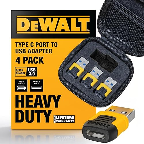 DEWALT Heavy Duty USB-C Female to USB-A Male Adapter 4 Pack w/Case – Fast Charging 3.0 Converter 5Gbps Data Transfer, Compact Durable USB to USB-C Adapter for Laptops iPhone Samsung Android Devices