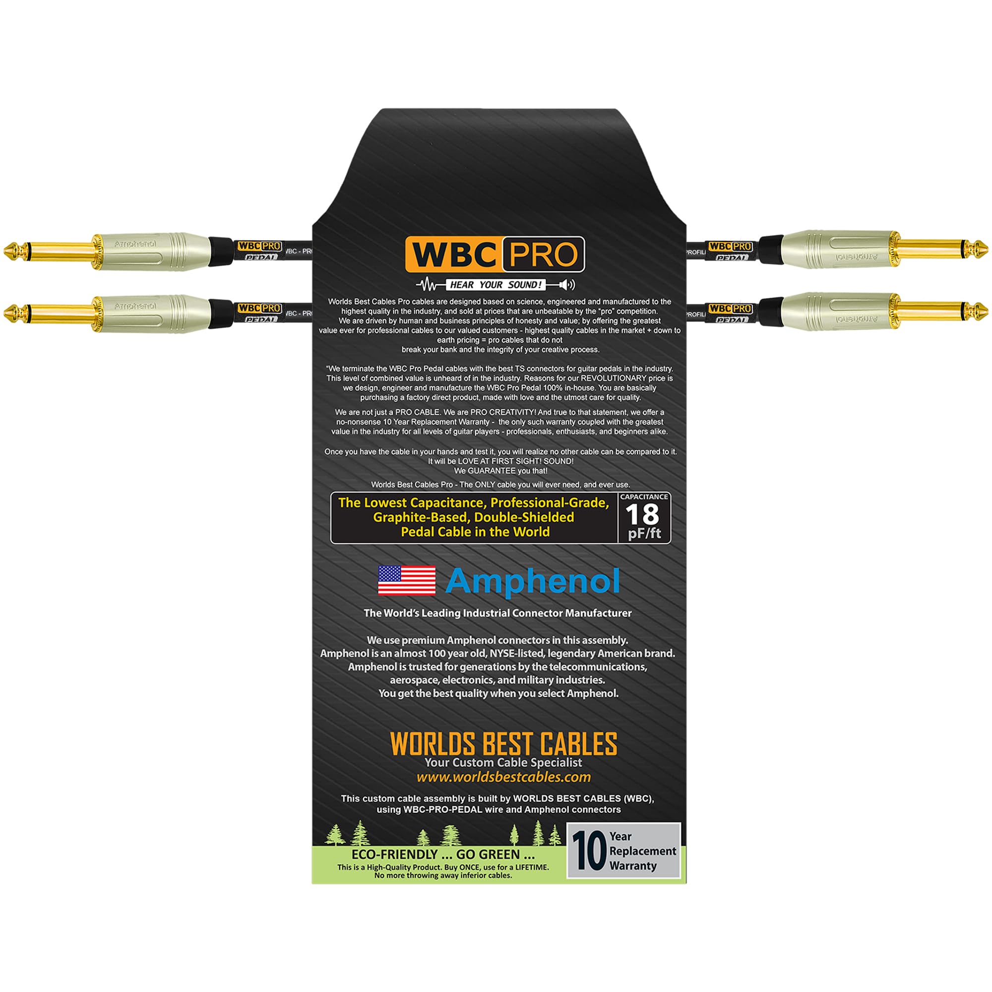 2 unidades – 10 pulgadas – Pedal WBC-PRO-– 22 AWG – Tapa baja (18 pF/pies) – Grado profesional – Basado en grafito – Pedal de doble blindaje, efectos, parche, cable de instrumento y conectores