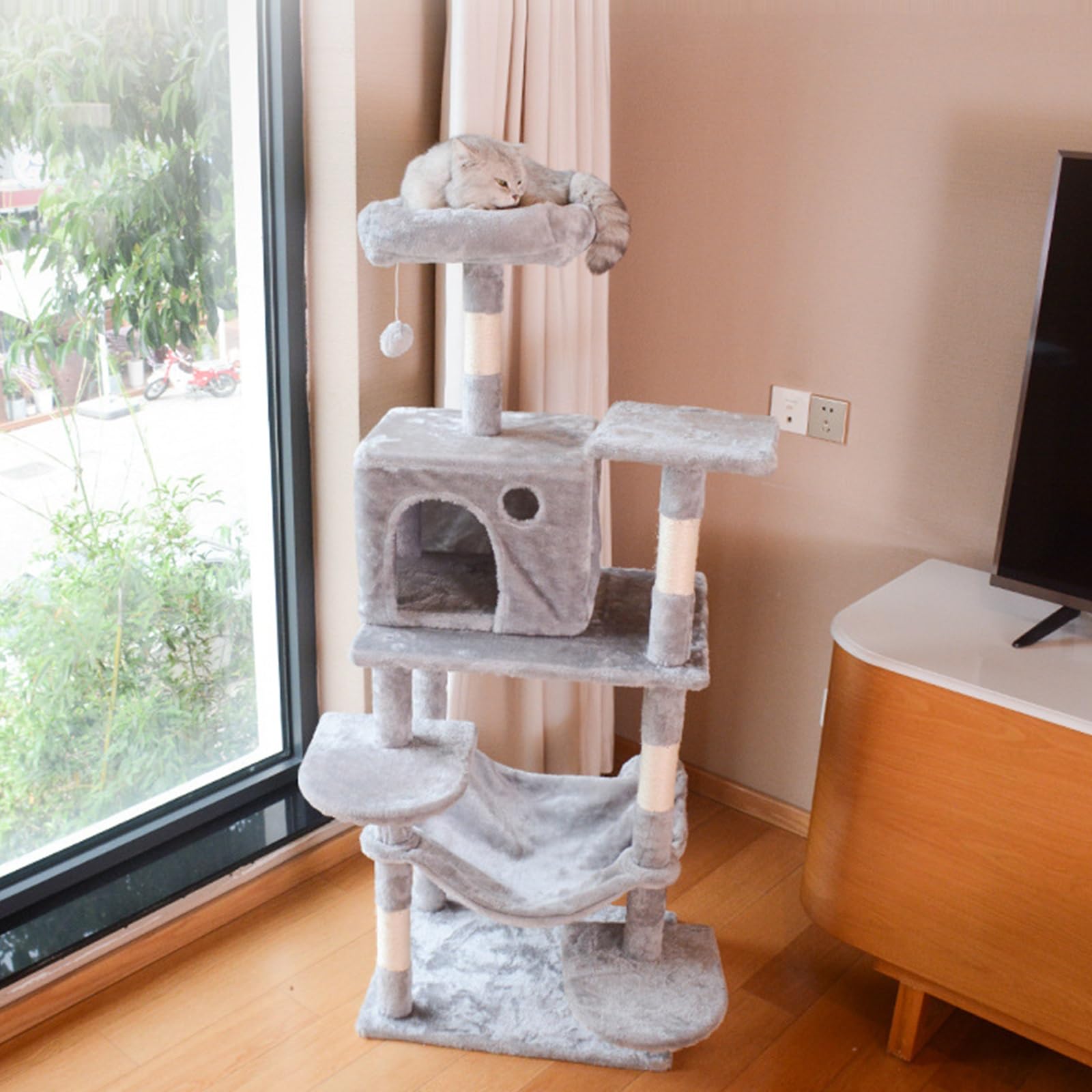 Torre Moderna Tiragraffi per Gatti Adulti con Trespolo Superiore e Accoglienti Cucce per Gatti, Centro Attività Multilivello con Amache e Tiragraffi in Sisal