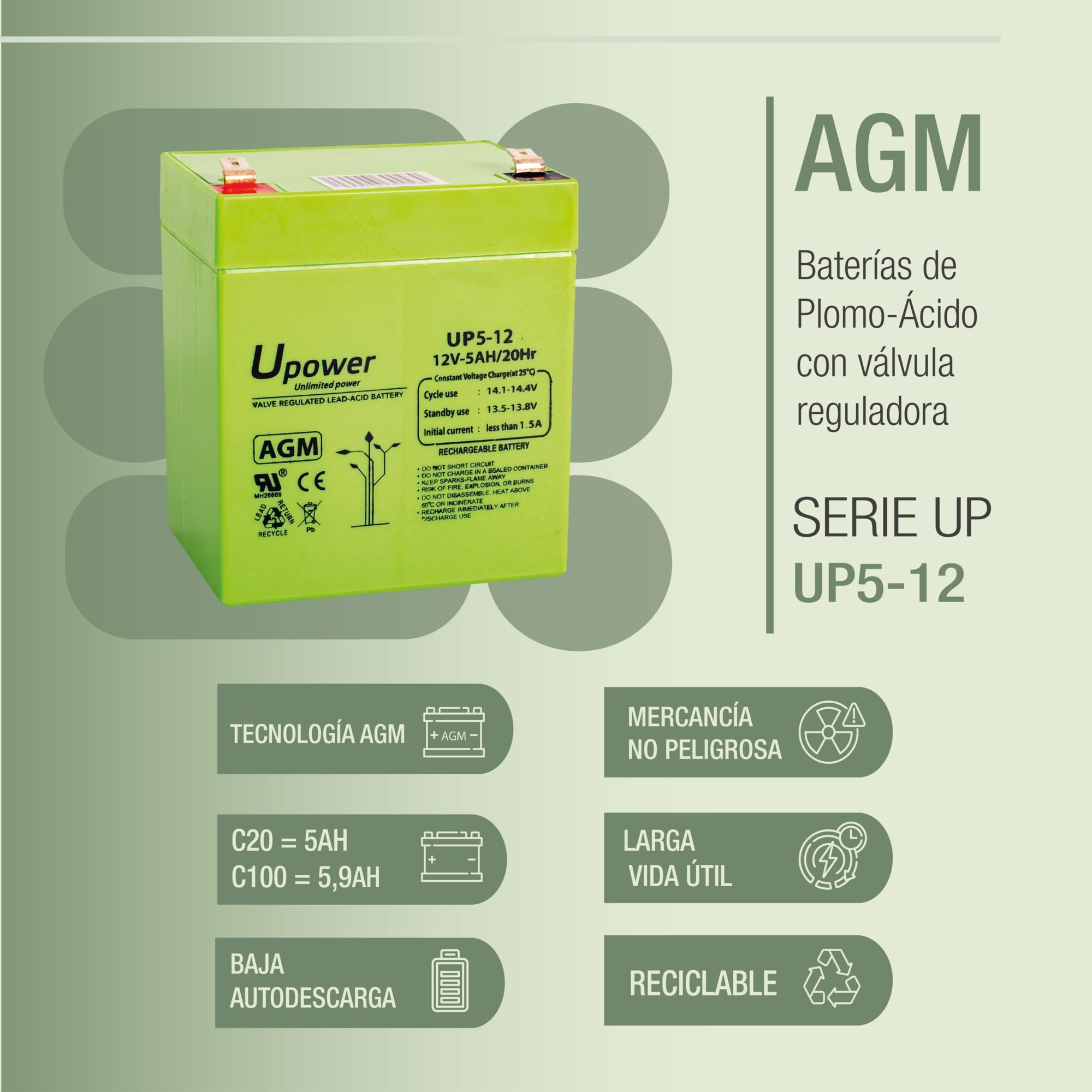 U-Power - Batería piombo AGM Sigillata 5Ah 12V - Faston F2 6.3mm