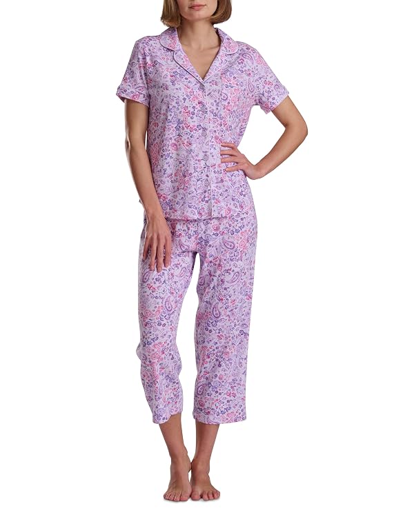 Karen Neuburger Women's Girlfriend Short Sleeve Notch Collar Button Up Top and Capri Pant Bottom 2-Piece Pajama Set, Paisley Ditsy by Karen Neuburger - Used condition - US$34.65