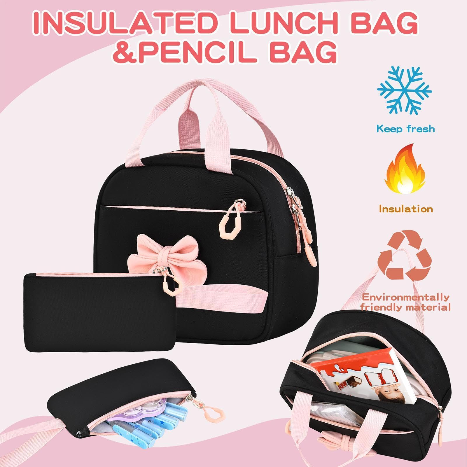 Mädchenschulrucksäcke 3-teiliges Reiseset mit Brotdose und Federmäppchen | Leichter Schülerrucksack für Wasserflasche, Schulbücher, Wochenendausflüge, Reisen und