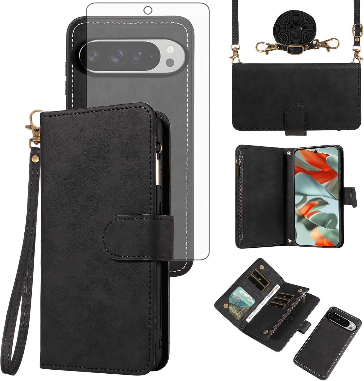 Asuwish Phone Case for Google Pixel 9 Pro XL Zipper Wallet Detachable Cell Cover with Tempered Glass Screen Protector Crossbody Lanyard Strap Flip Card Holder Pixel9 9Pro 9ProXL Nine Women Purple